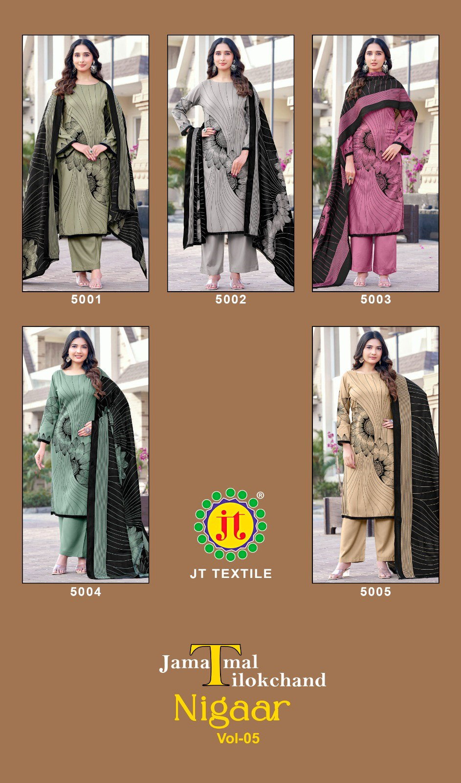 Jt Nigaar Vol 5 Rayon With Printed Dress Material Collection