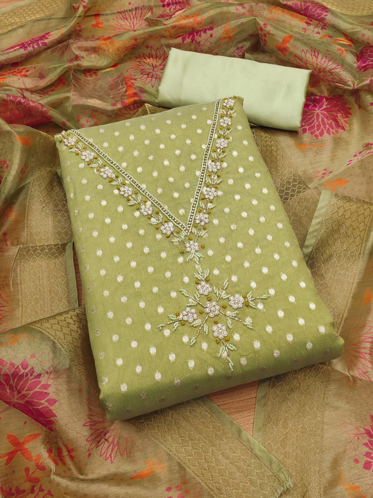 Designer Naira simmer Silk Multi Floral Beads & Stone Hand Work Dress material Collection