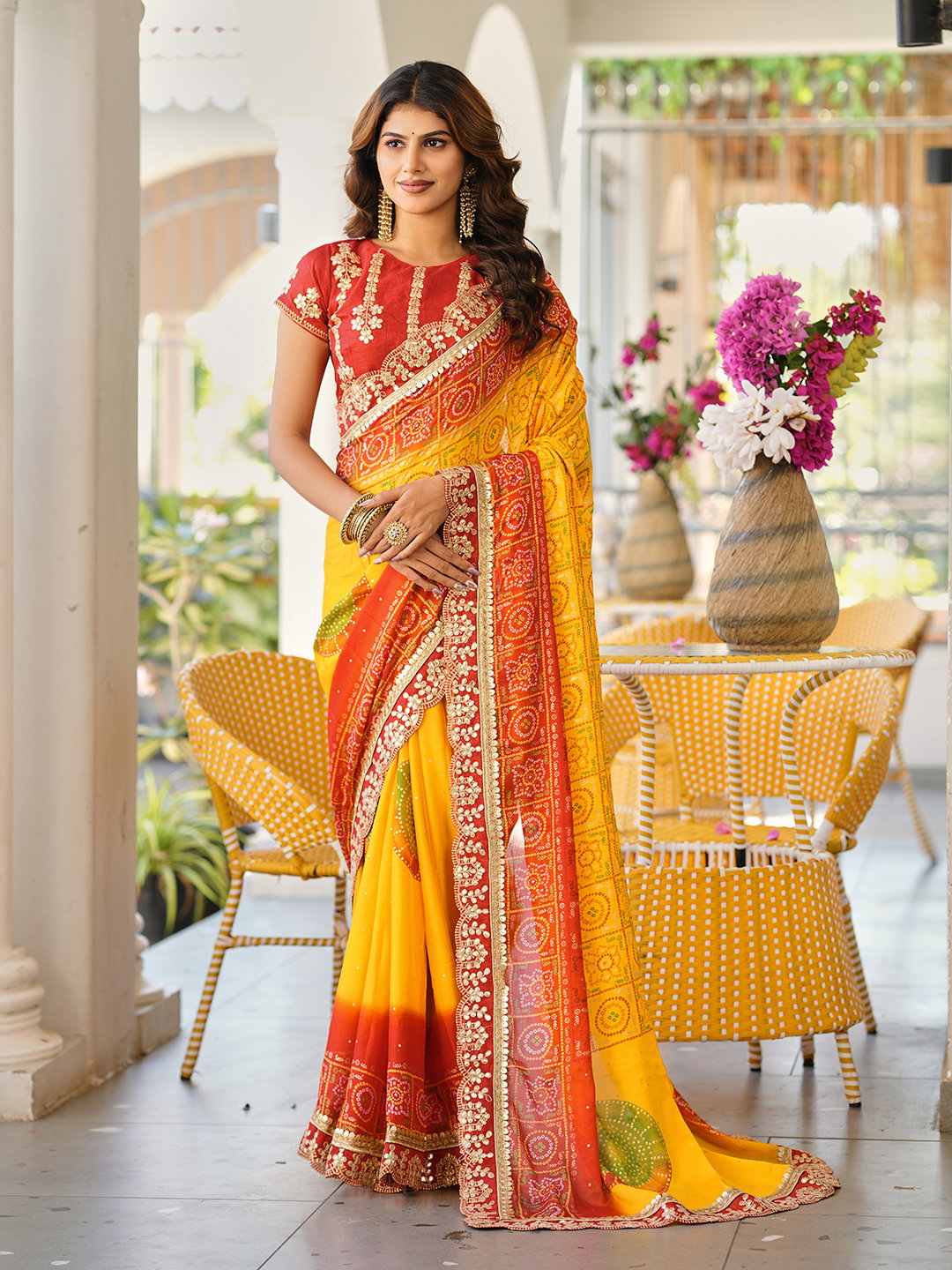 Jalnidhi Saloni Moss Chiffon With Fancy Bandhani Printed Saree Collection
