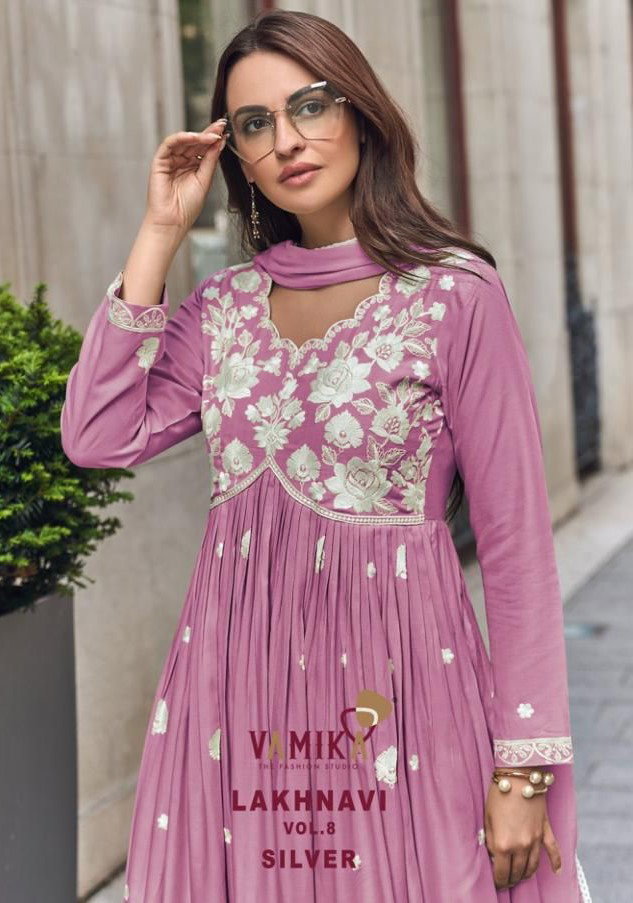 Vamika Lakhnavi Vol 8 Silver Rayon White Threadwork Top Bottom And Dupatta