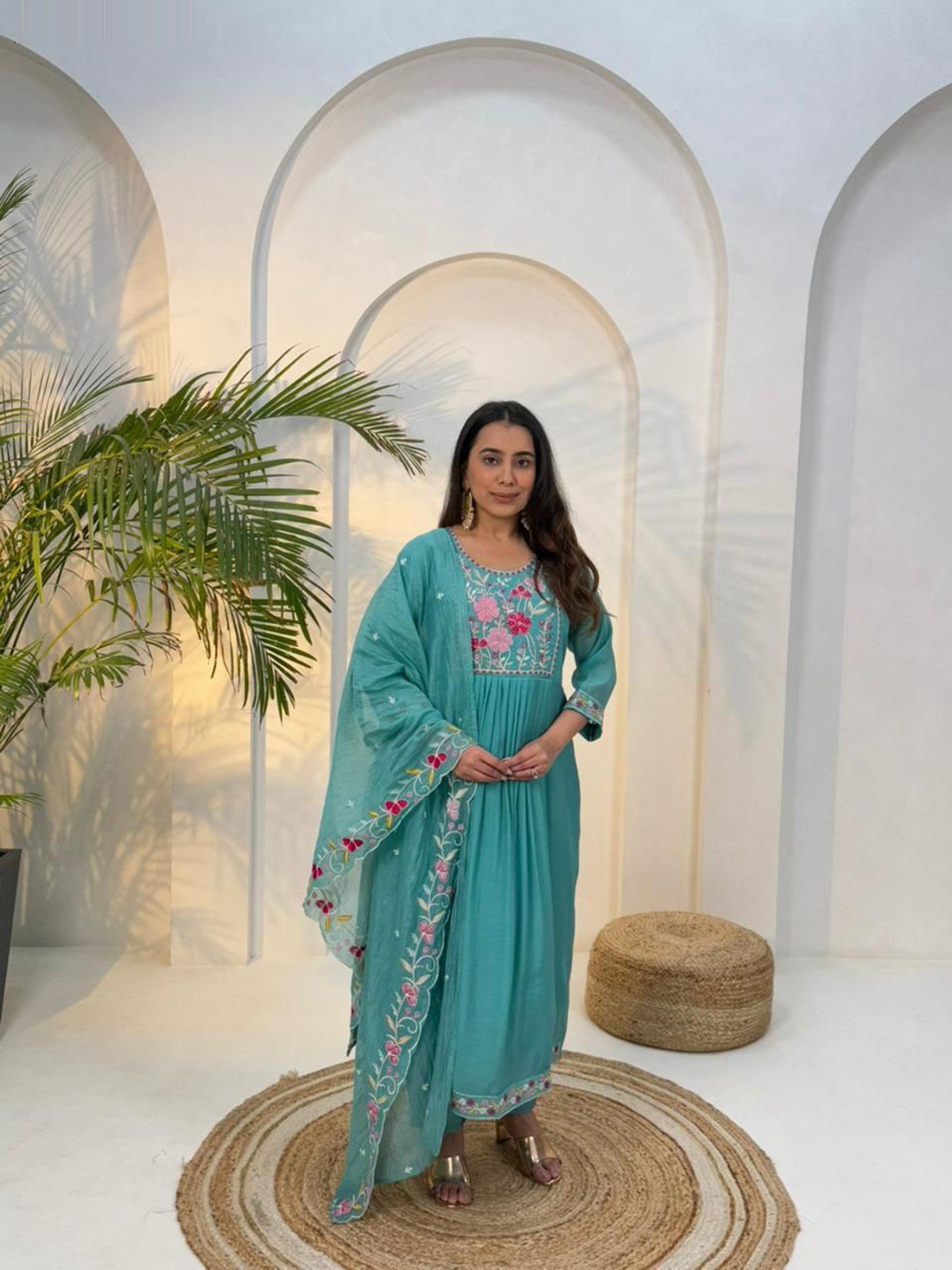 Naisha K 571 Mul Chanderi With Handwork Kurti Pant And Dupatta