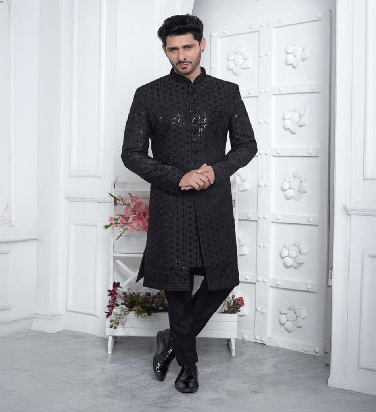 Black Indo Western 2767 Readymade Embroidered Mens Sherwani Collection 