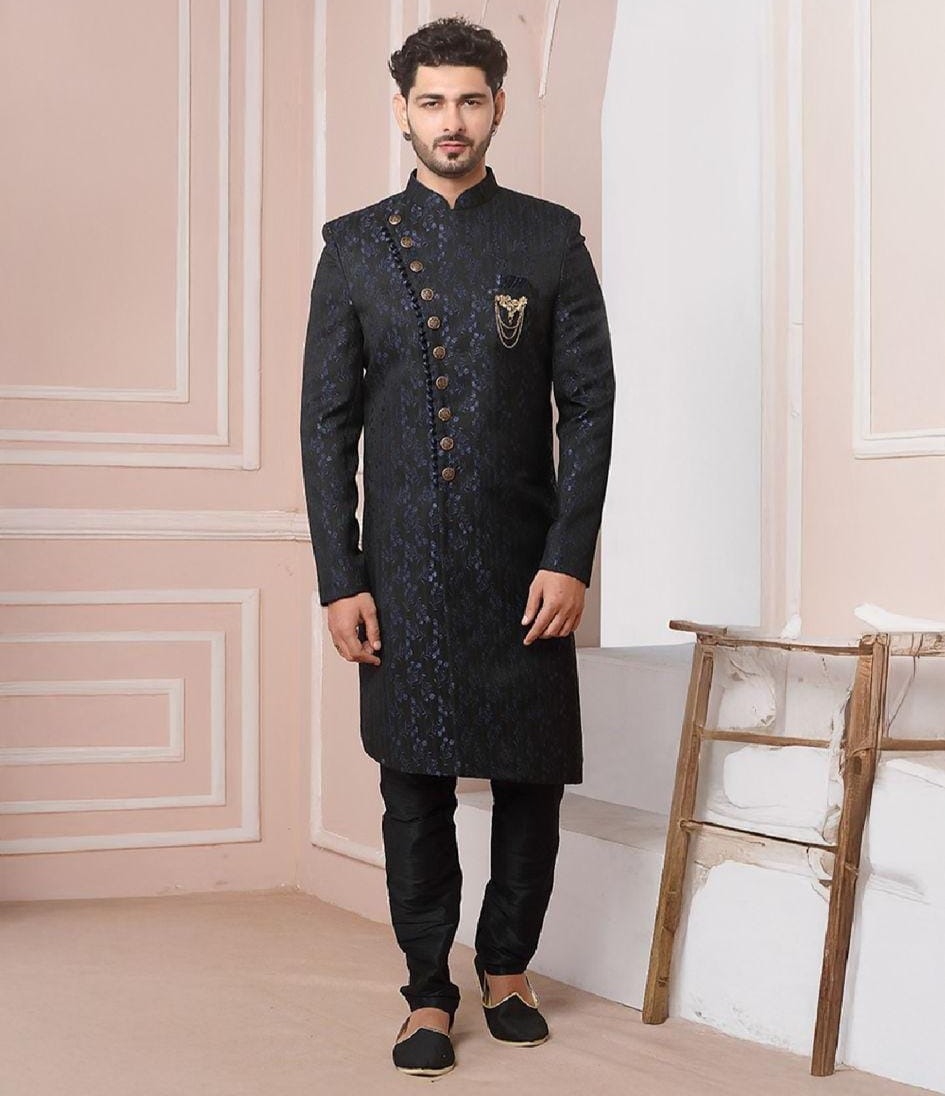 Navy Blue Jacquard Silk Indo Western 1694 Sherwani Collection 