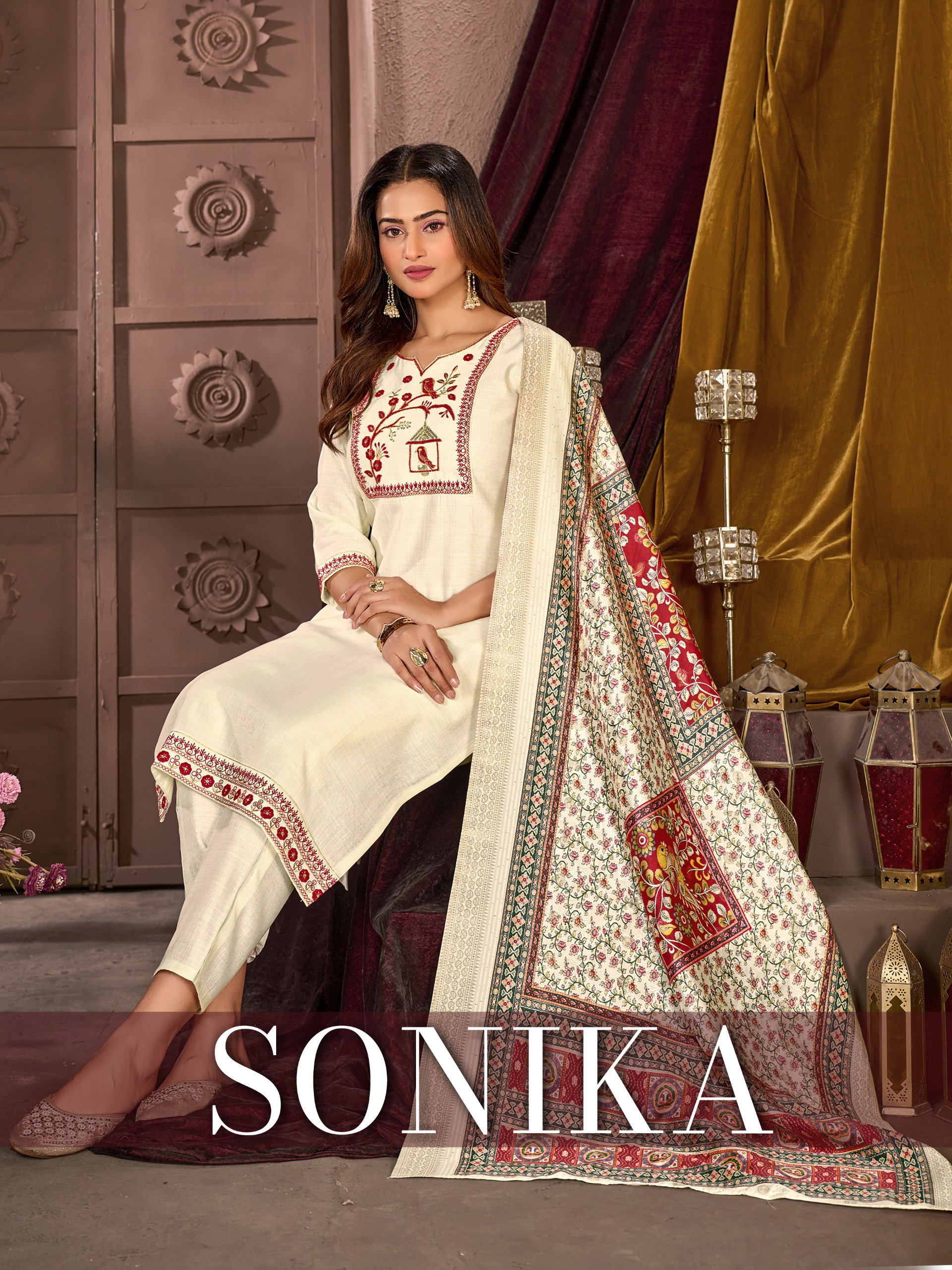 Mukesh Sonika Vertican Silk With Embroidery Kurti Pant And Dupatta Collection
