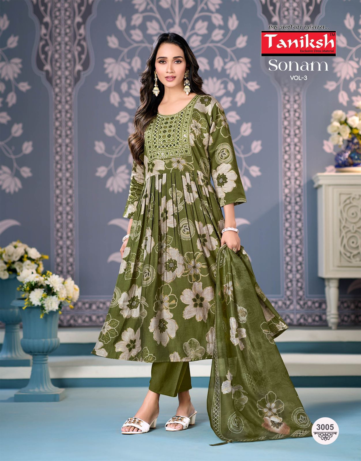 Taniksh Sonam Vertical Discharge Print With Embroidery Kurti Bottom With Dupatta