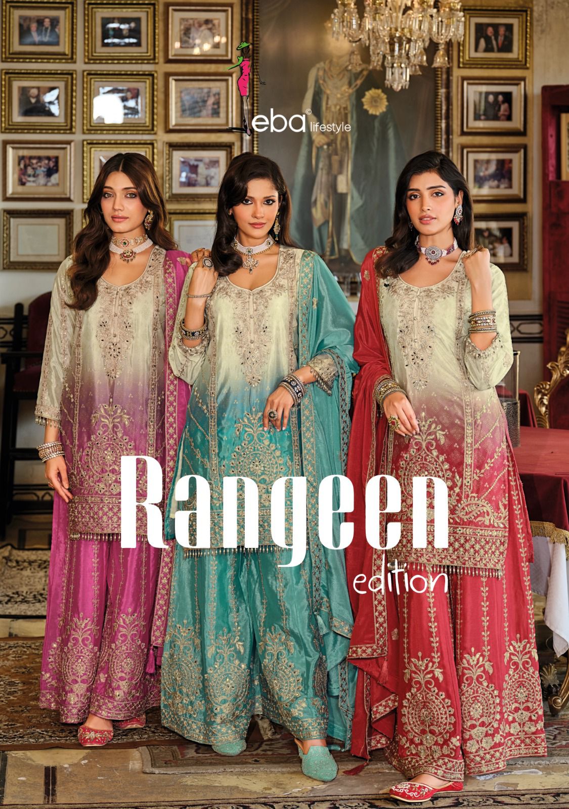 Eba Rangeen Edition Chinon Digital Print With Embroidery Kurti Pant And Dupatta
