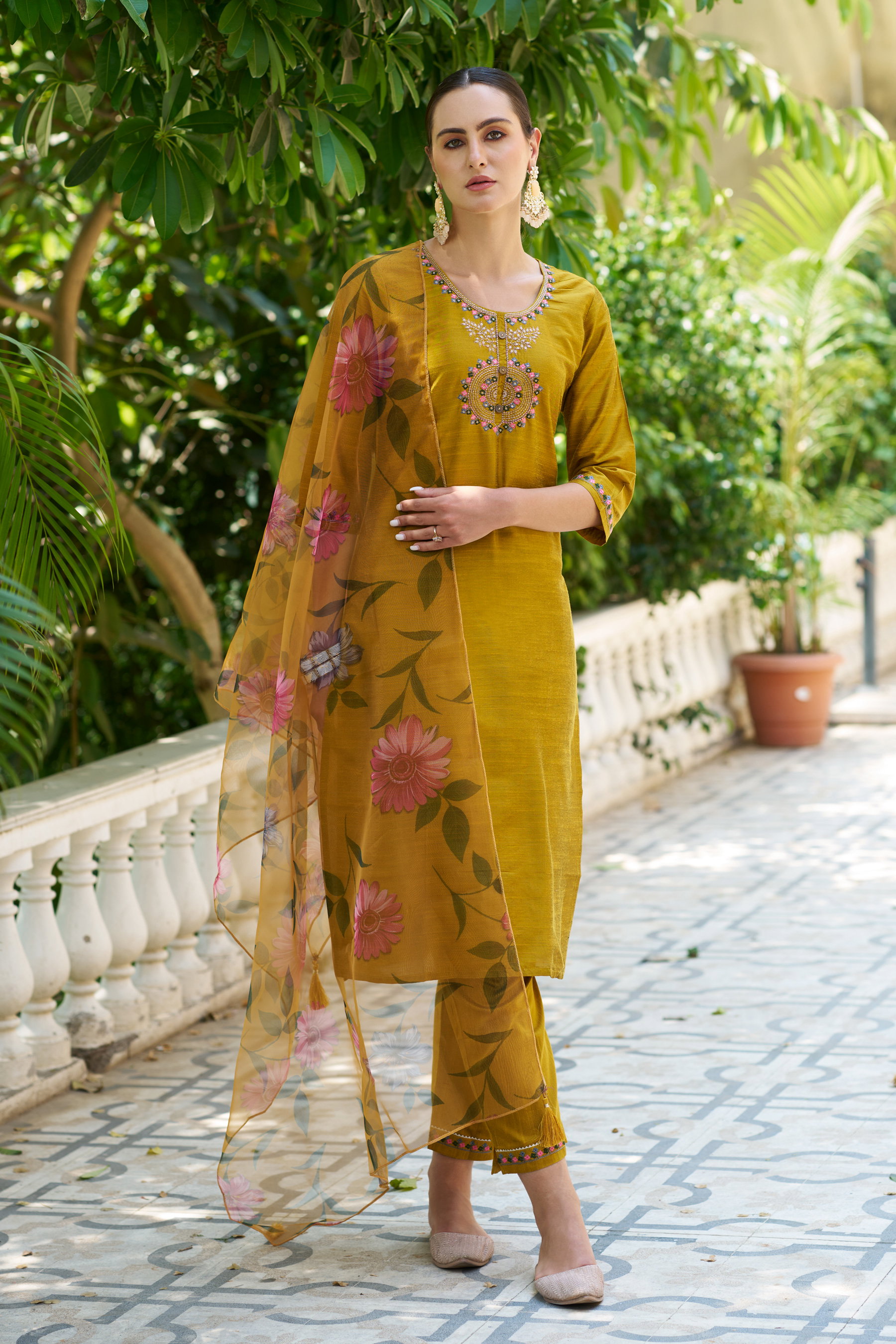 VP 9564 Yellow Women Kurta and Pant Sets Cotton Silk Fabric