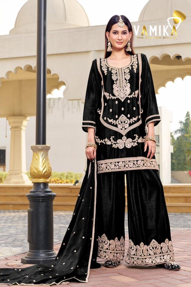 Vamika Sarathi Vol 1 Atex Chinon With Work Kurti Pant And Dupatta