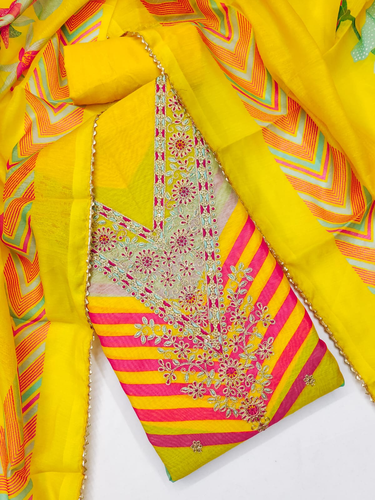 Designer Sun Shine Chanderi Print kodding squance work Dress material Collection