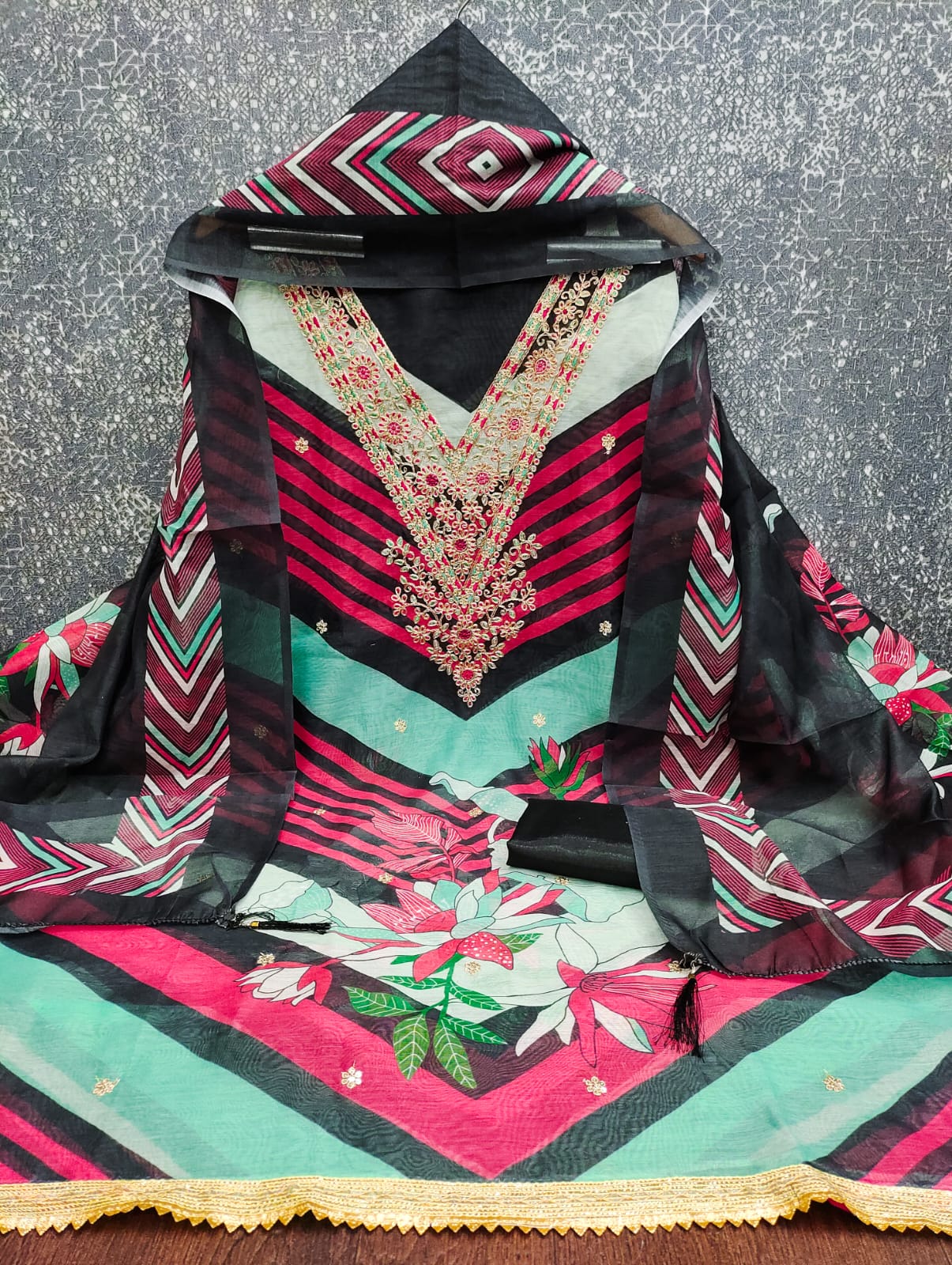 Designer Sun Shine Chanderi Print kodding squance work Dress material Collection