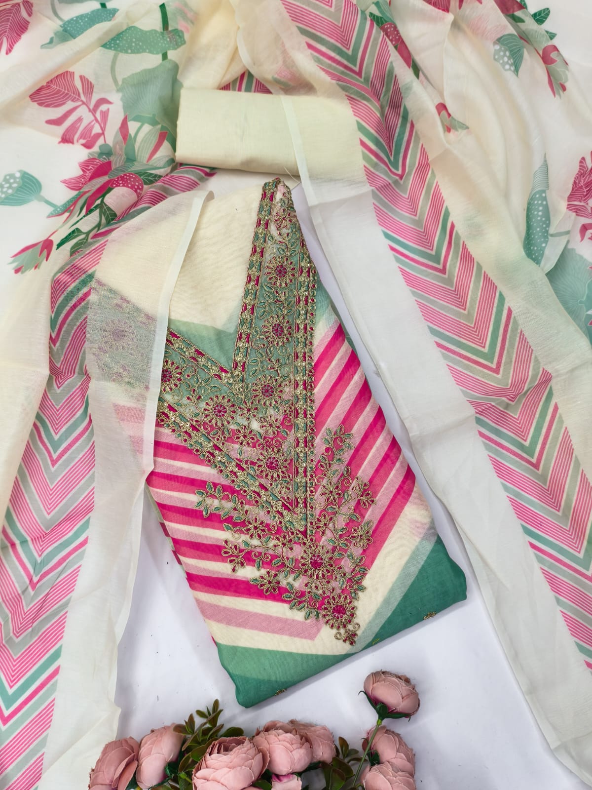 Designer Sun Shine Chanderi Print kodding squance work Dress material Collection