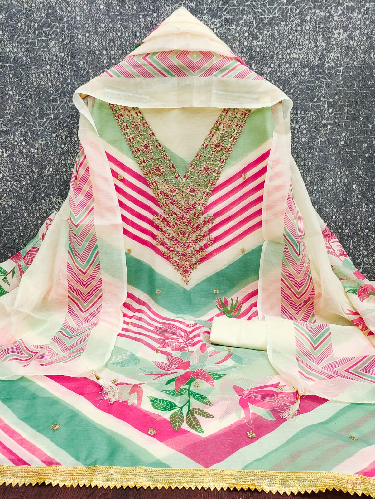 Designer Sun Shine Chanderi Print kodding squance work Dress material Collection