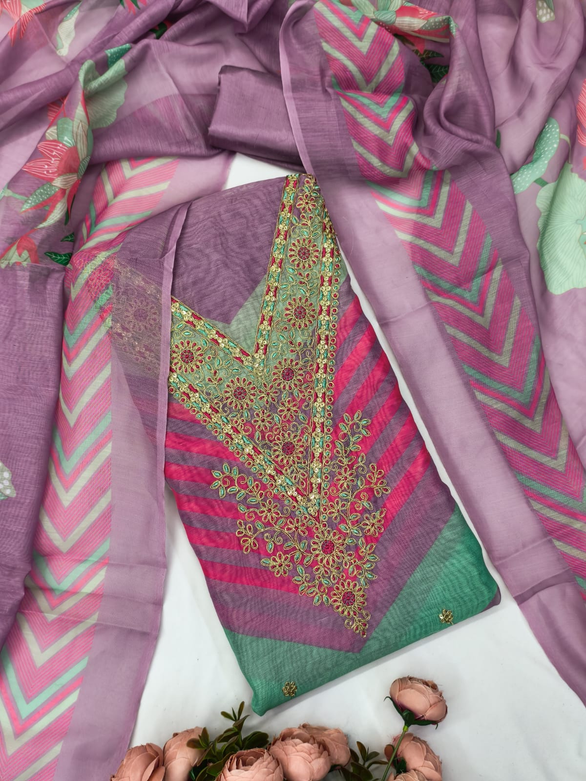 Designer Sun Shine Chanderi Print kodding squance work Dress material Collection