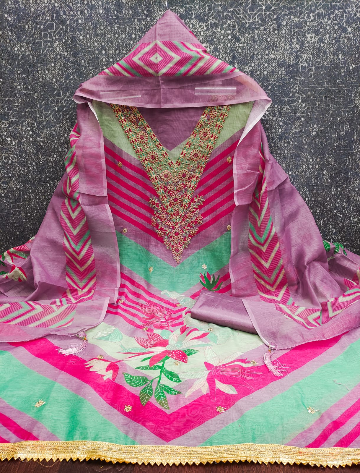 Designer Sun Shine Chanderi Print kodding squance work Dress material Collection