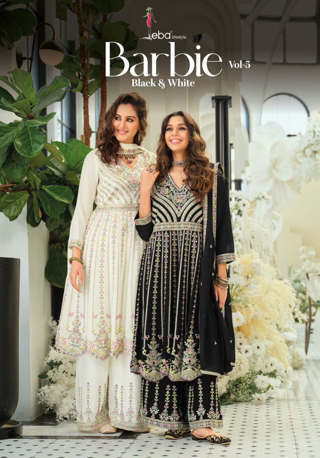 Eba Barbie Vol 5 Black And White Chinon Embroidery Top Plazzo And Dupatta