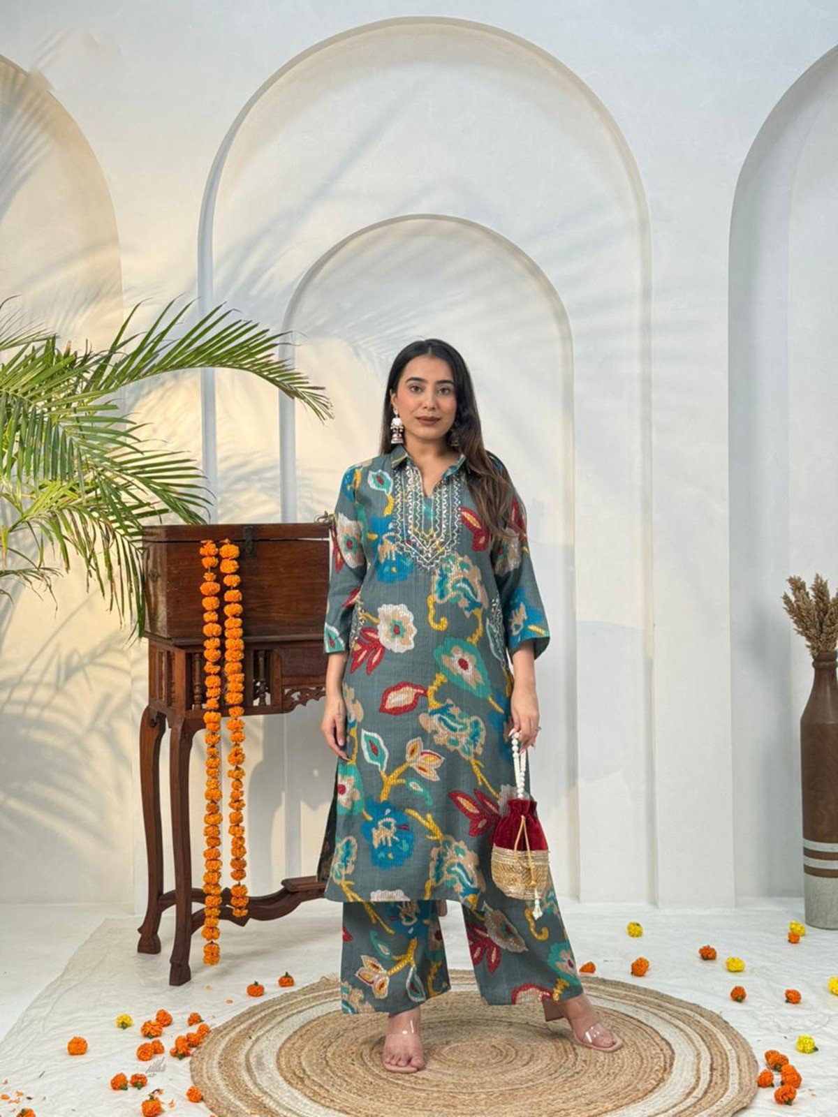 Naisha K 584 Berlin Discharge Print With Work Co Ord Set Collection