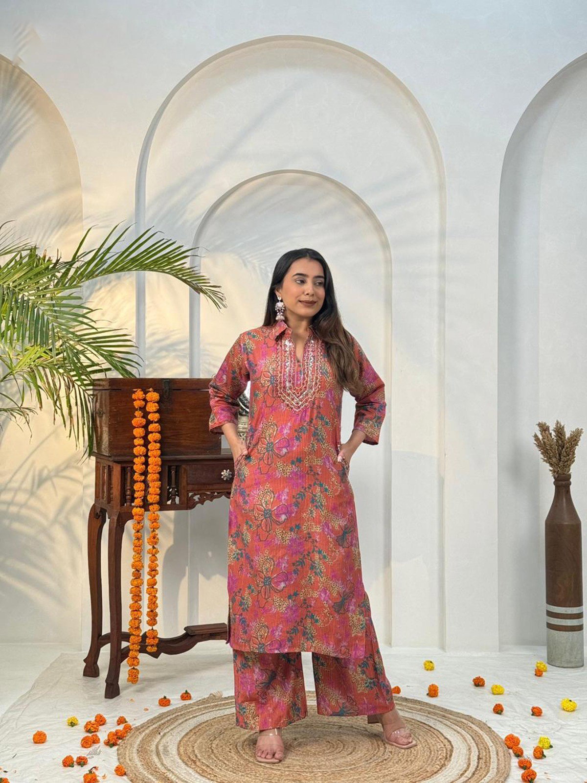 Naisha K 584 Berlin Discharge Print With Work Co Ord Set Collection