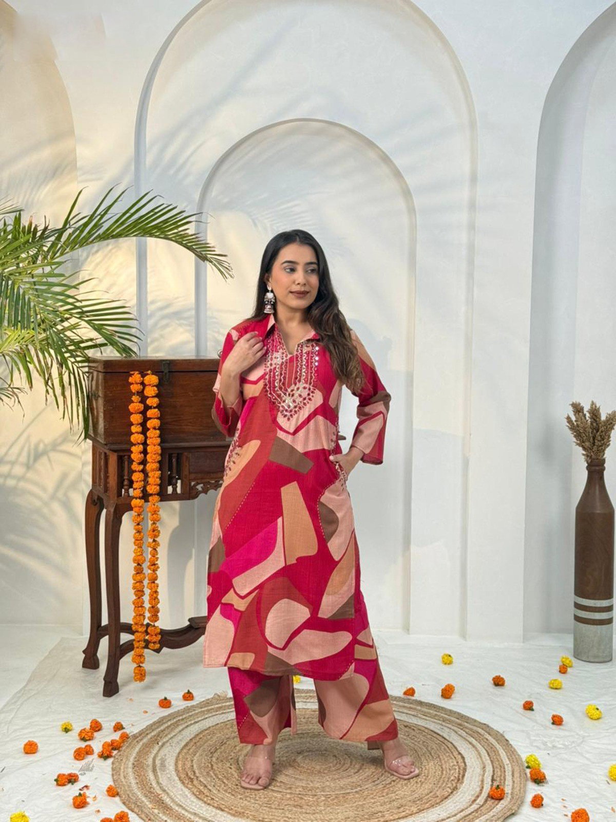 Naisha K 584 Berlin Discharge Print With Work Co Ord Set Collection