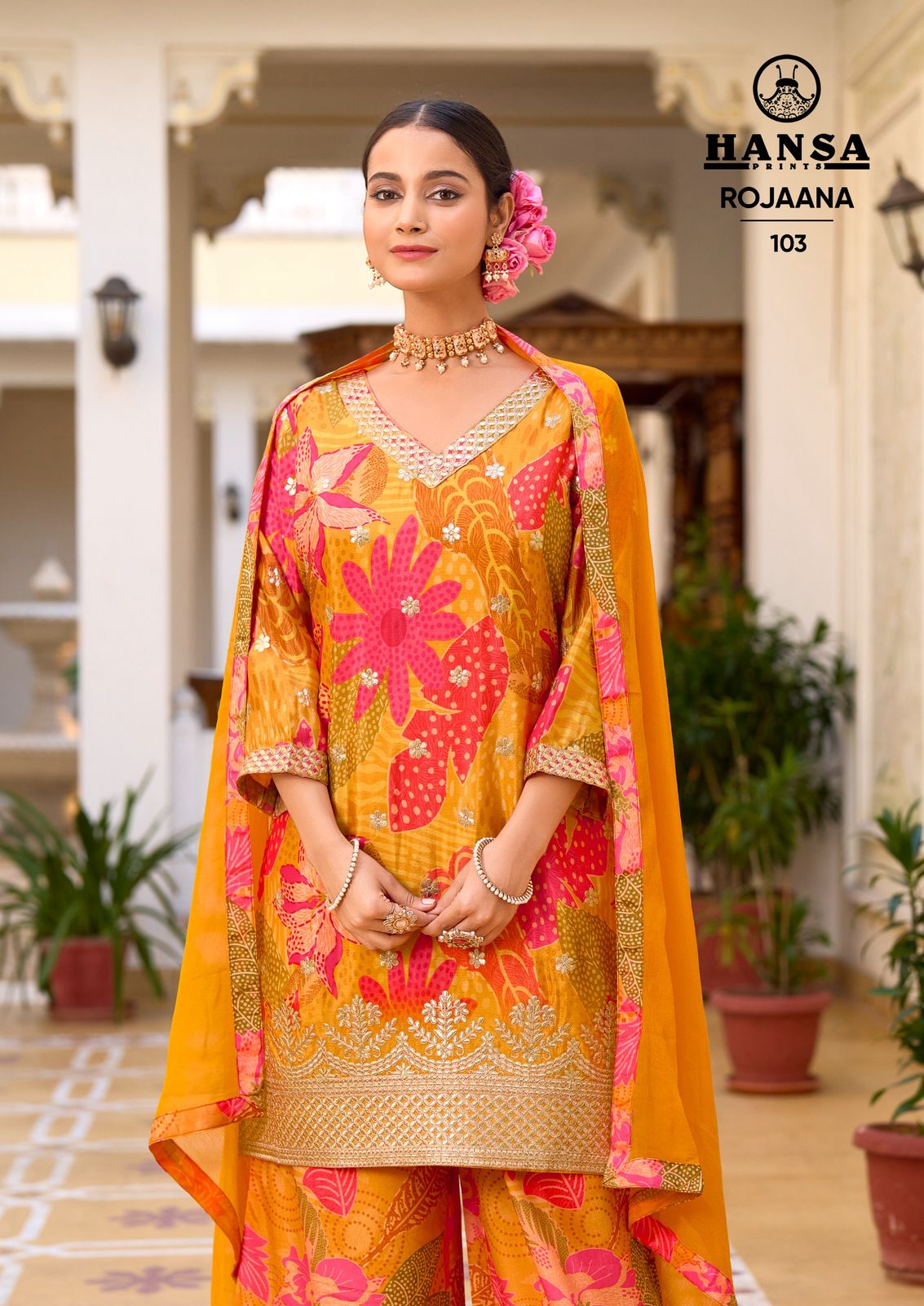 Hansa Rojaana Chinon Digital Print With Embroidery Readymade Dress