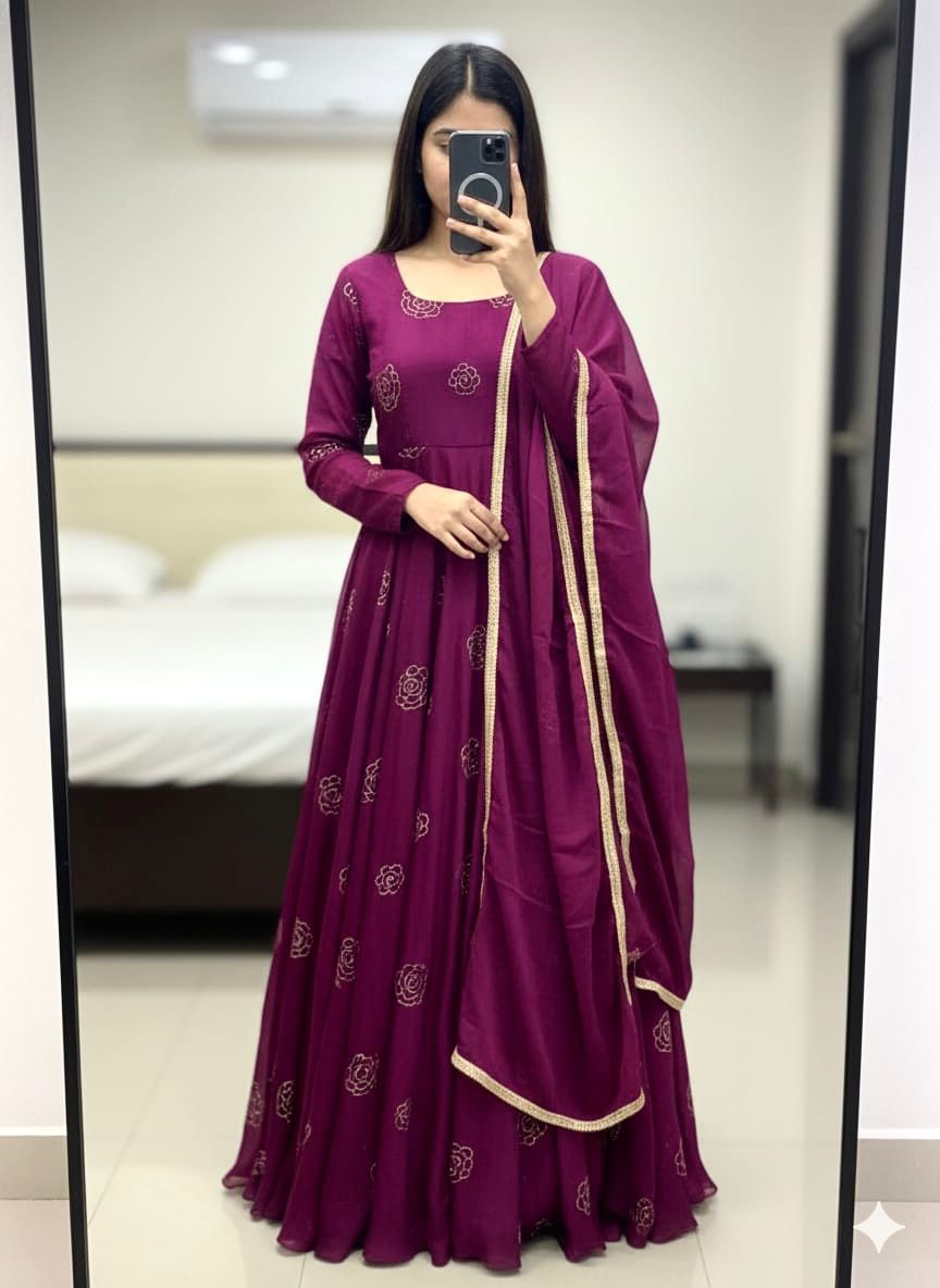 Ethnic Gown Set Satin Chiffon Embroidered And Handwork Gown And Dupatta