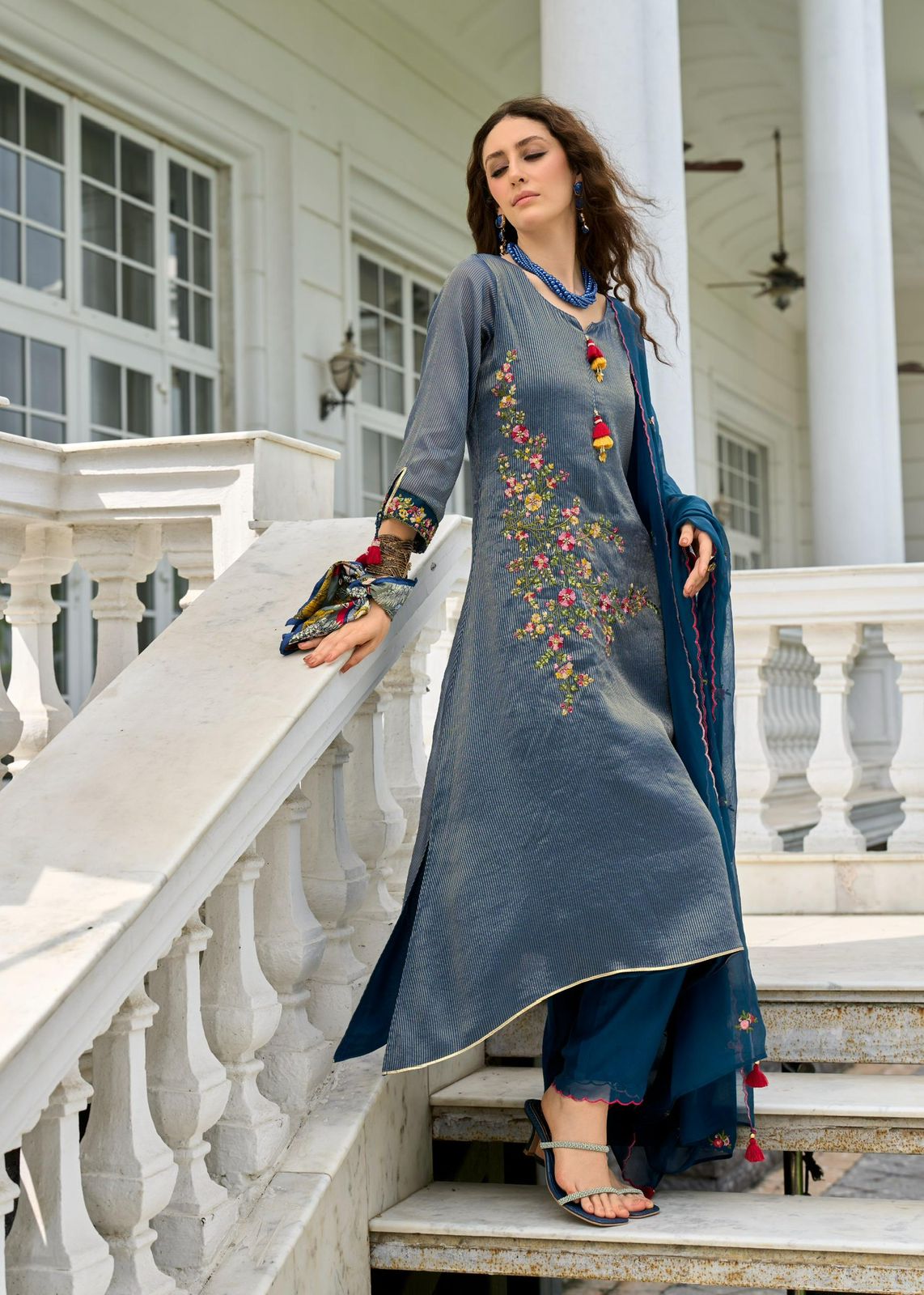Prm Saheli Russain Silk Jacquard With Embroidery Kurti Pant And Dupatta