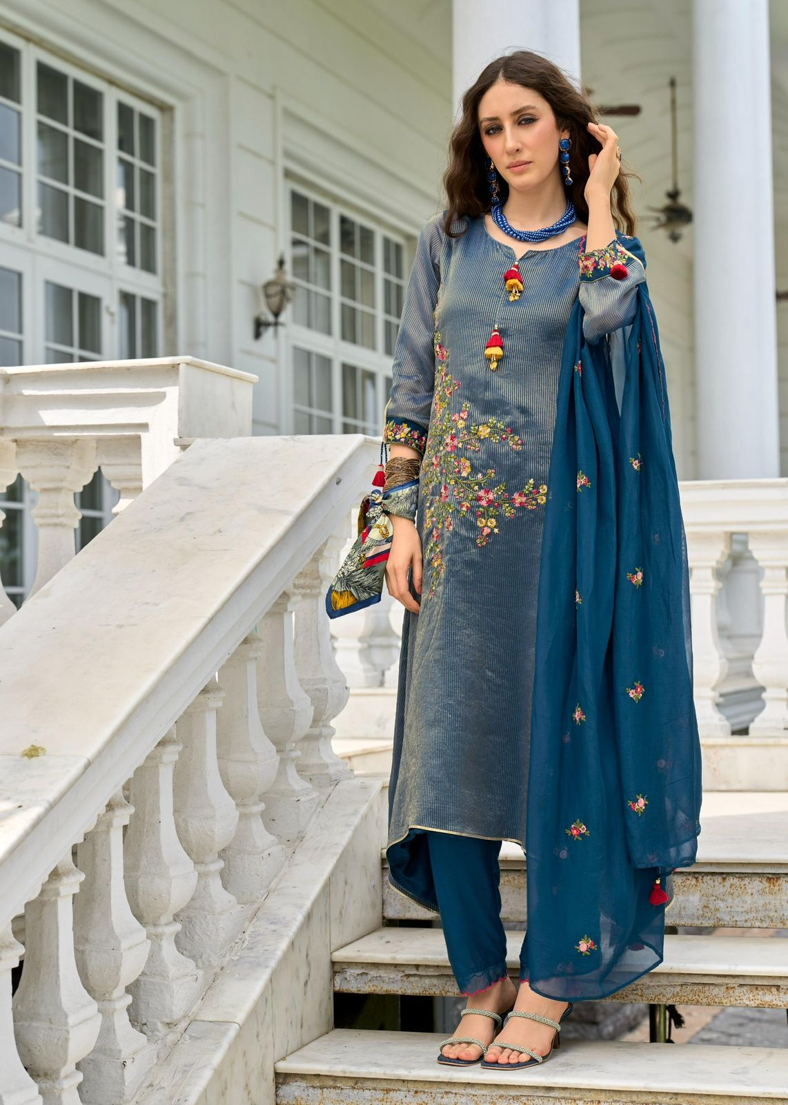 Prm Saheli Russain Silk Jacquard With Embroidery Kurti Pant And Dupatta