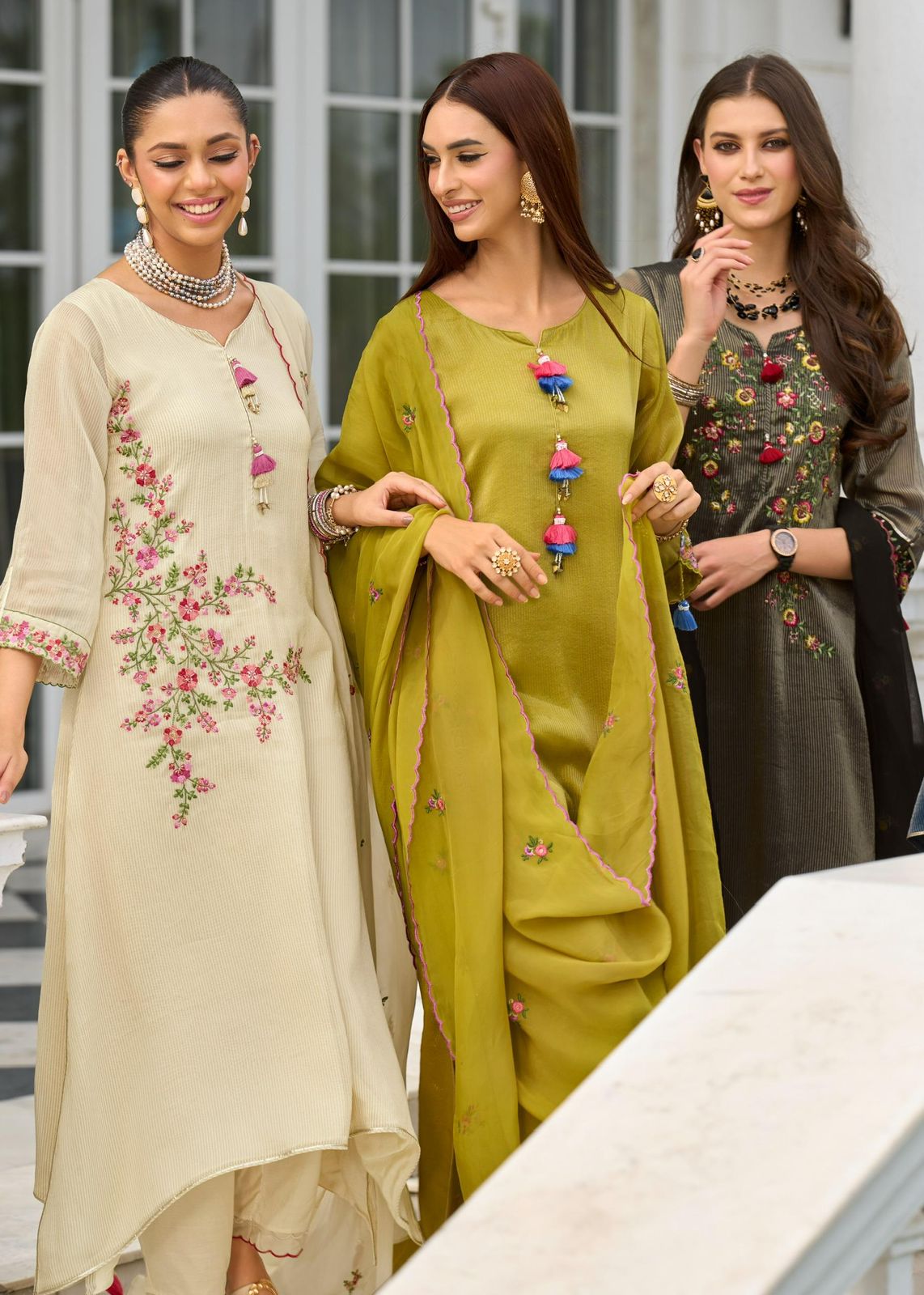 Prm Saheli Russain Silk Jacquard With Embroidery Kurti Pant And Dupatta