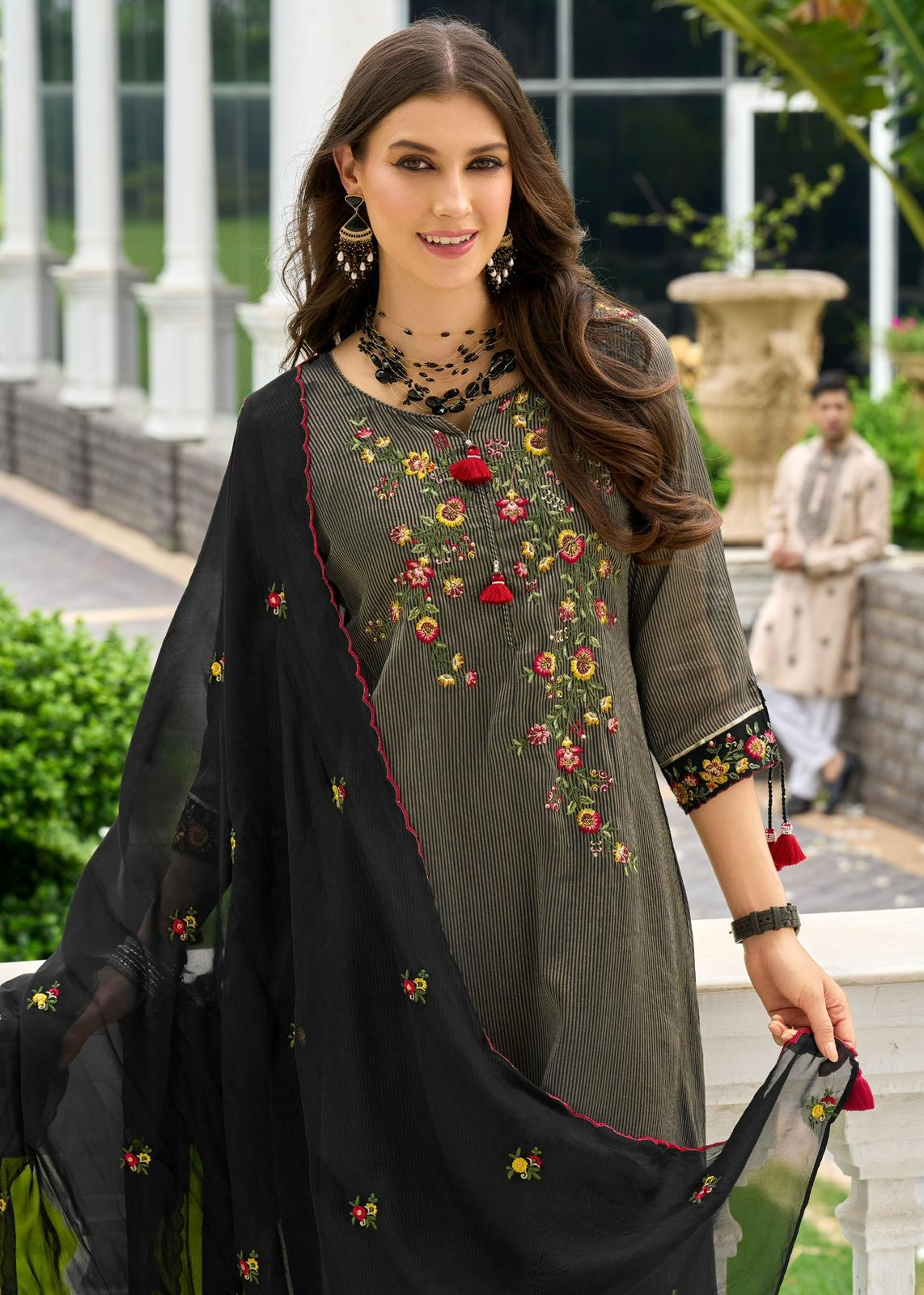 Prm Saheli Russain Silk Jacquard With Embroidery Kurti Pant And Dupatta