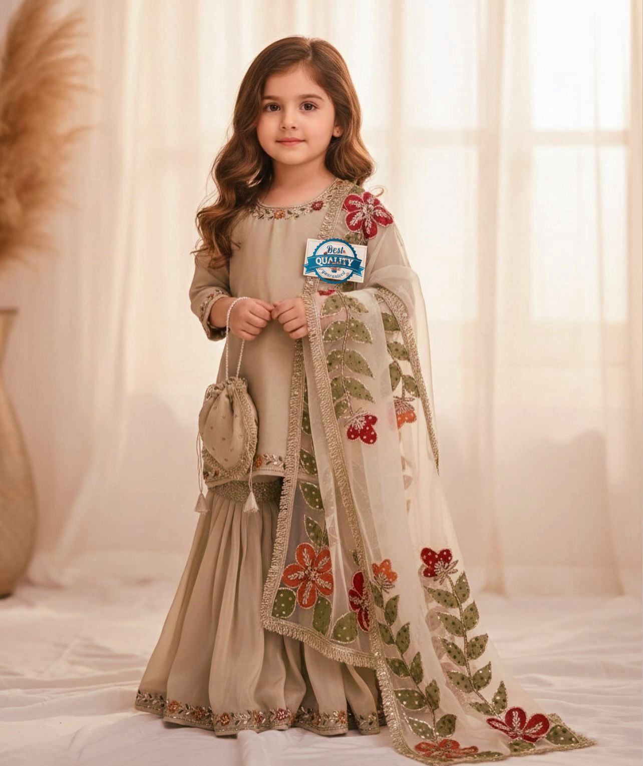 OC 238 Dsigner Party Wear Look Heavy Pure GMY SILK Kids Top Sharara & Dupatta Set
