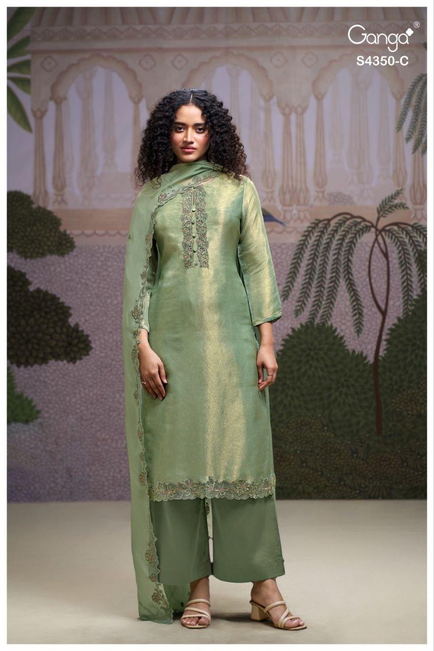 Ganga Fizara 4350 Bemberg Silk Jacquard With Embroidery Dress Material