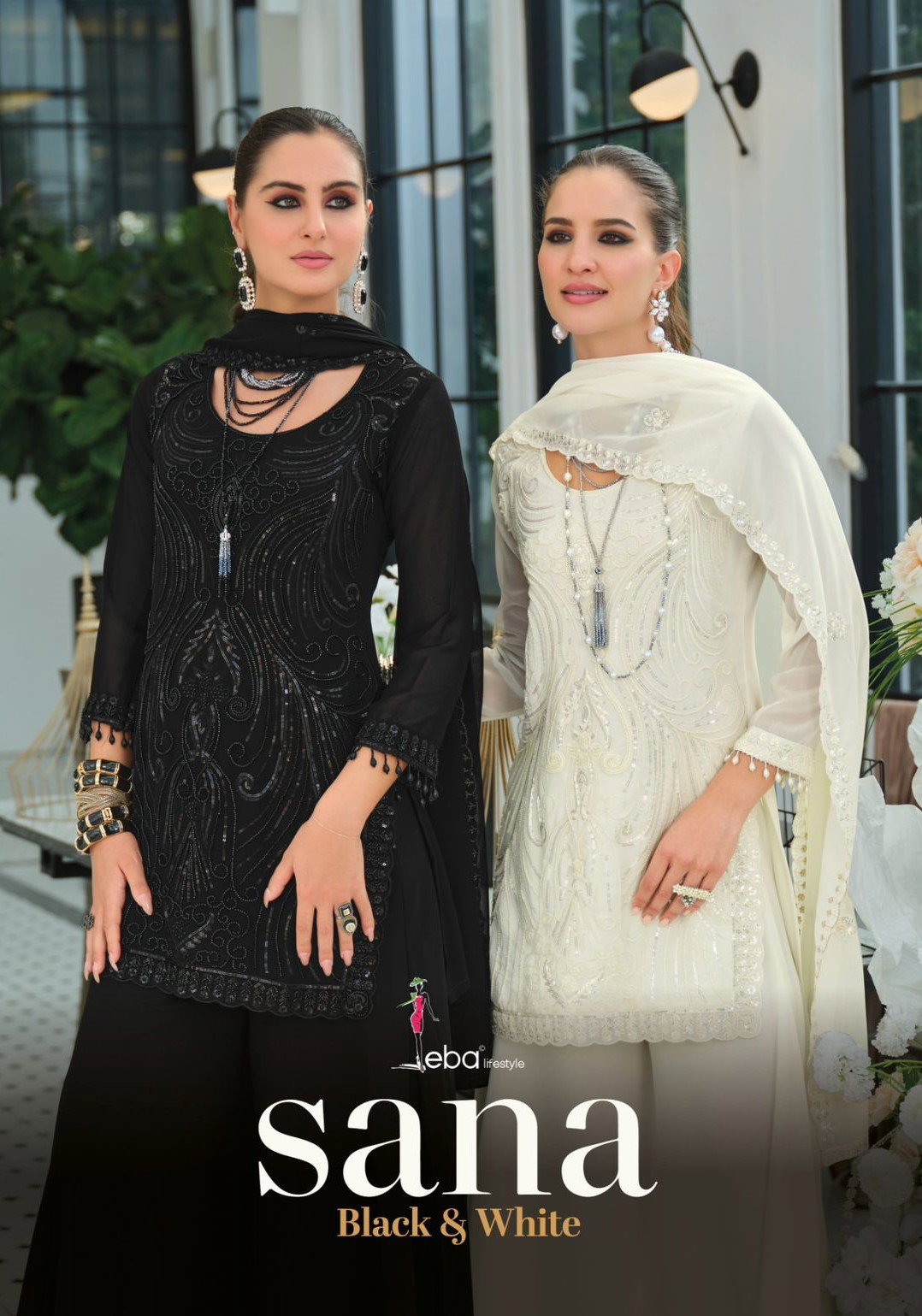 Eba Sana Black And White Georgette With Beats Work Top Bottom And Dupatta