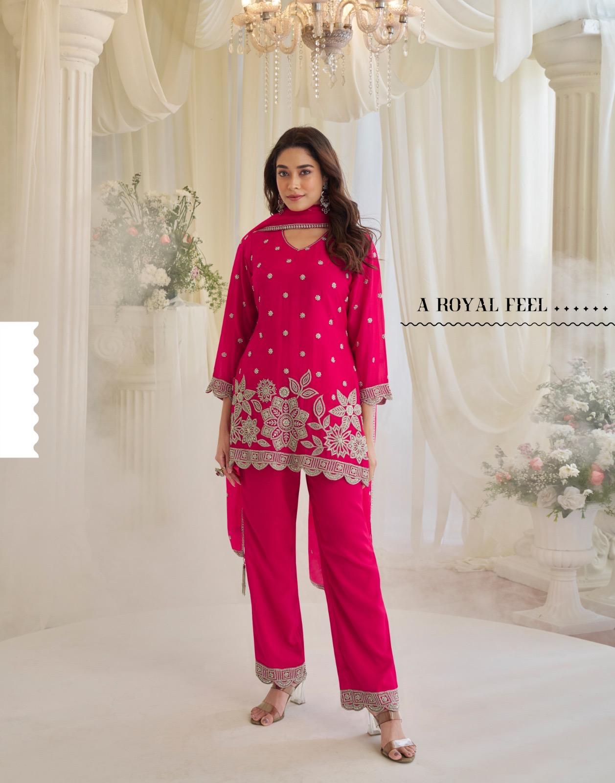 Sayuri Kajal Chinon Silk With Embroidered Designer Top Bottom And Dupatta