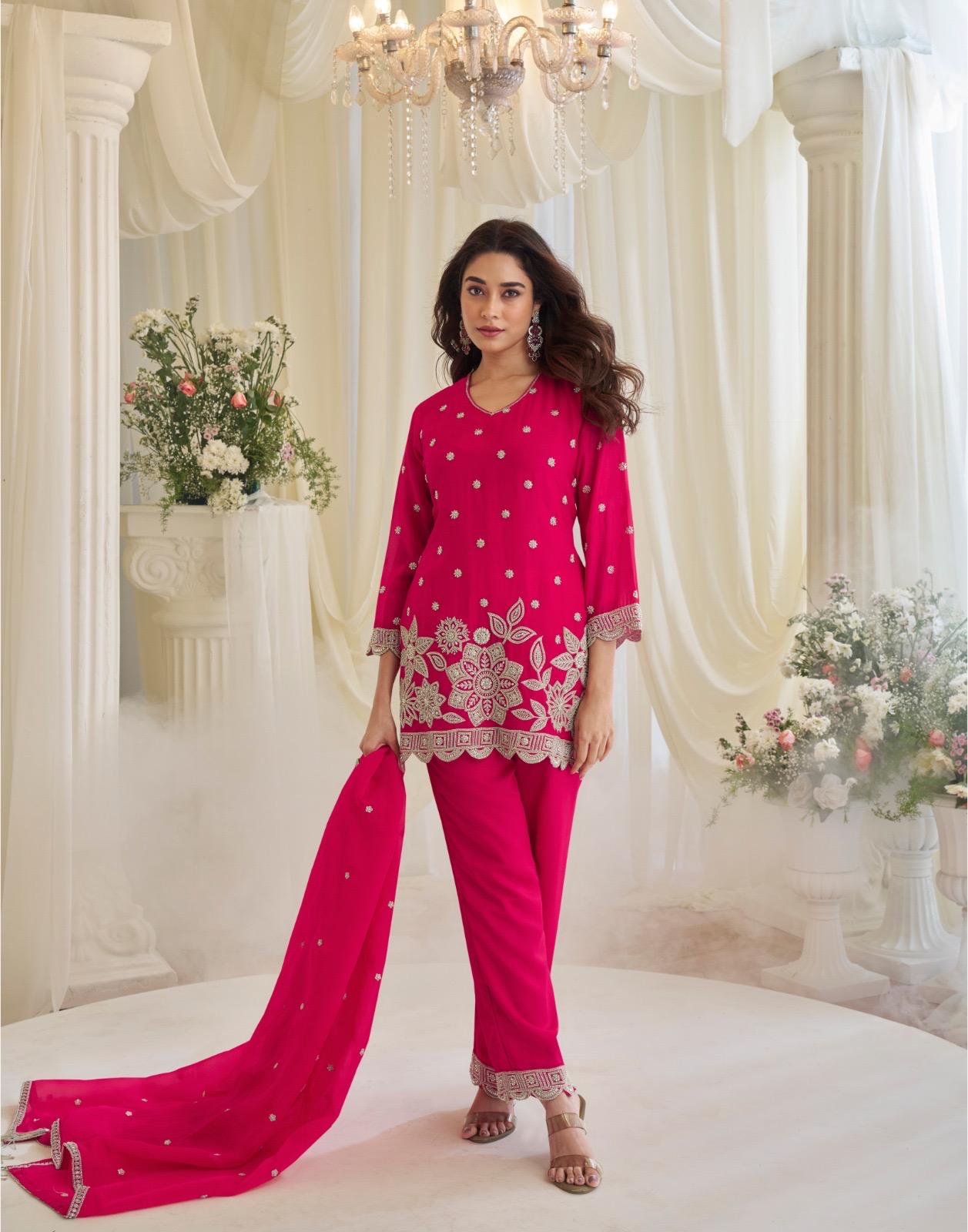 Sayuri Kajal Chinon Silk With Embroidered Designer Top Bottom And Dupatta
