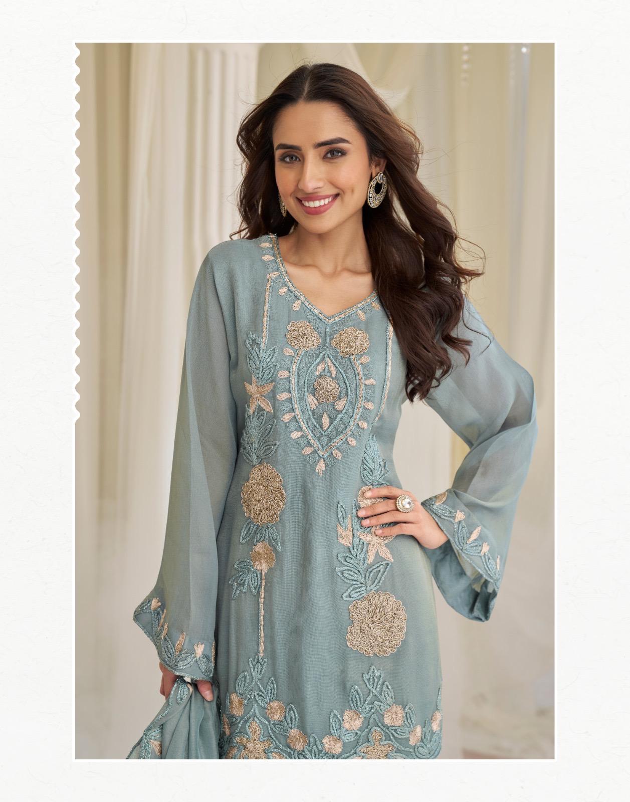 Sayuri Kajal Chinon Silk With Embroidered Designer Top Bottom And Dupatta