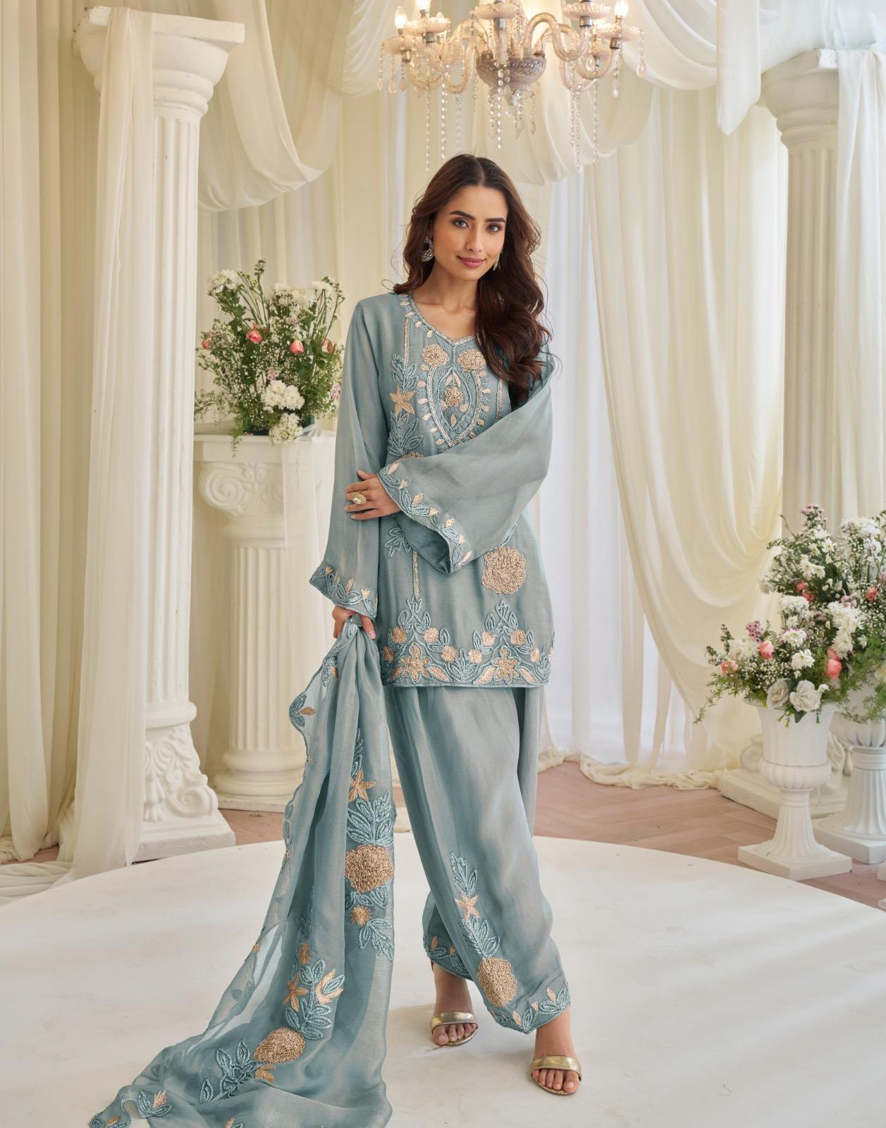 Sayuri Kajal Chinon Silk With Embroidered Designer Top Bottom And Dupatta