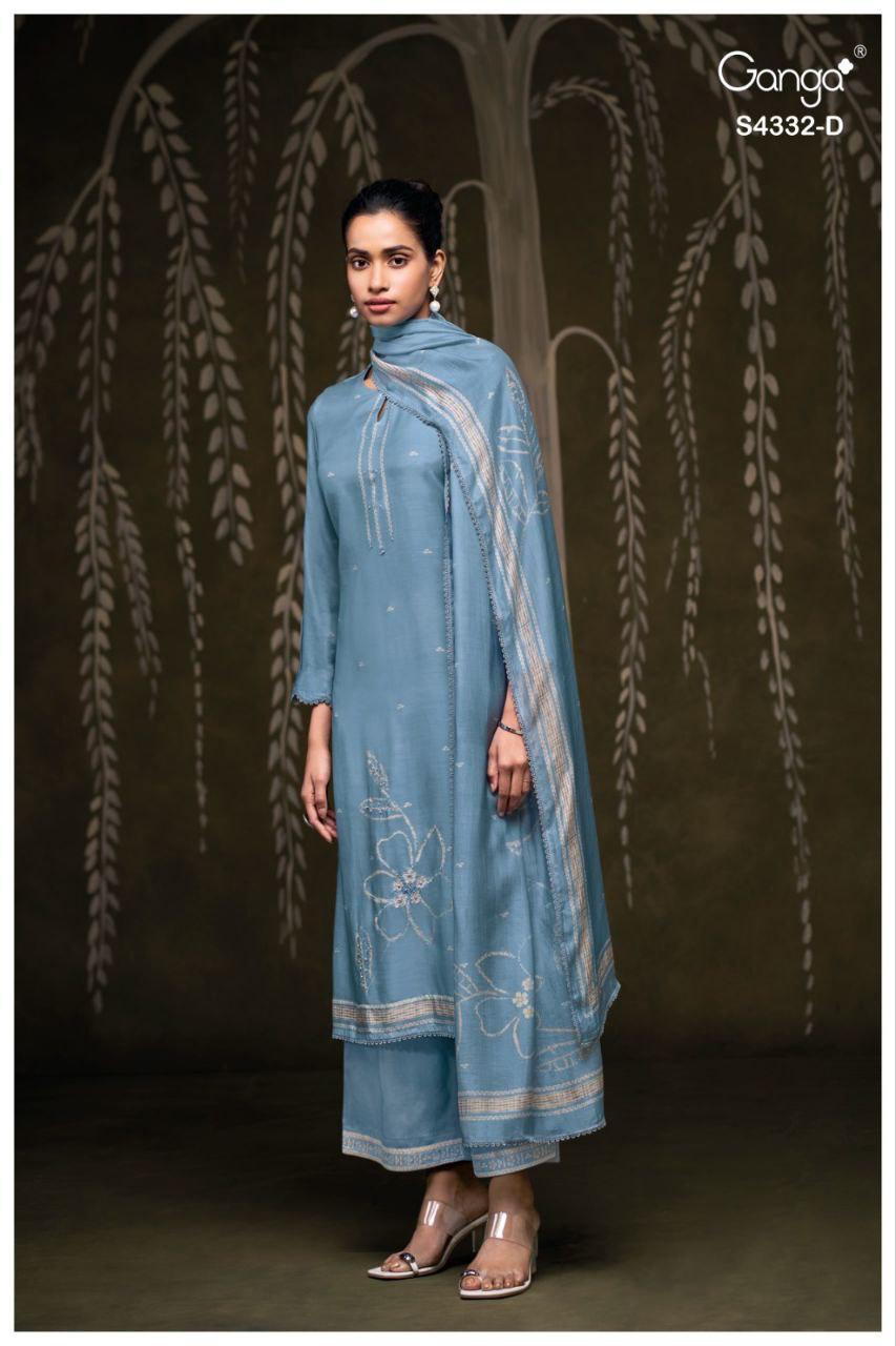Ganga Ezrae 4332 Bemberg Silk Printed Embroidery Work Dress Material