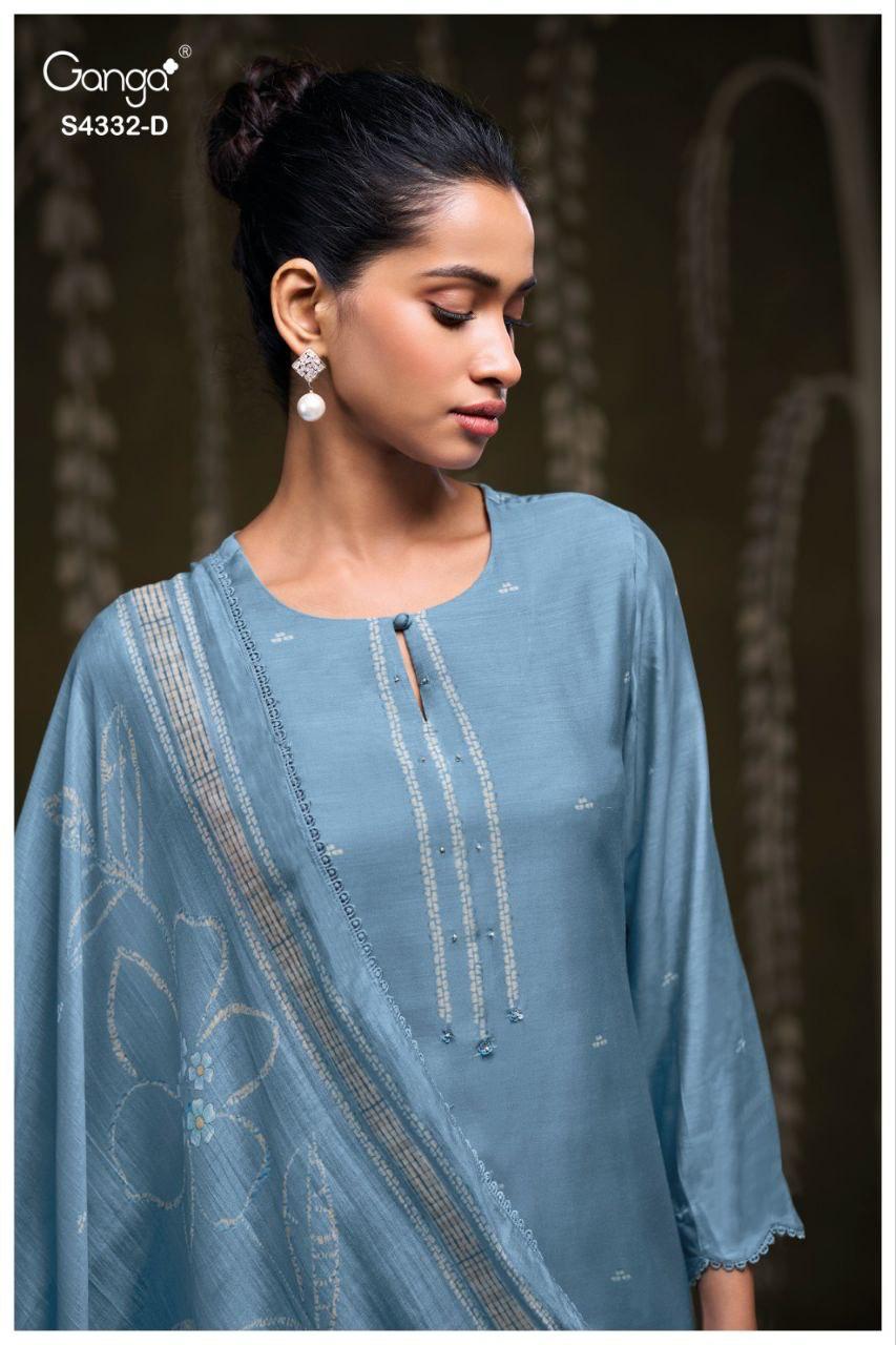 Ganga Ezrae 4332 Bemberg Silk Printed Embroidery Work Dress Material