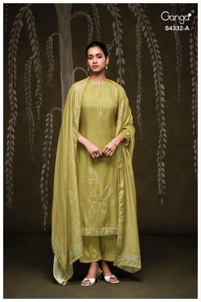 Ganga Ezrae 4332 Bemberg Silk Printed Embroidery Work Dress Material