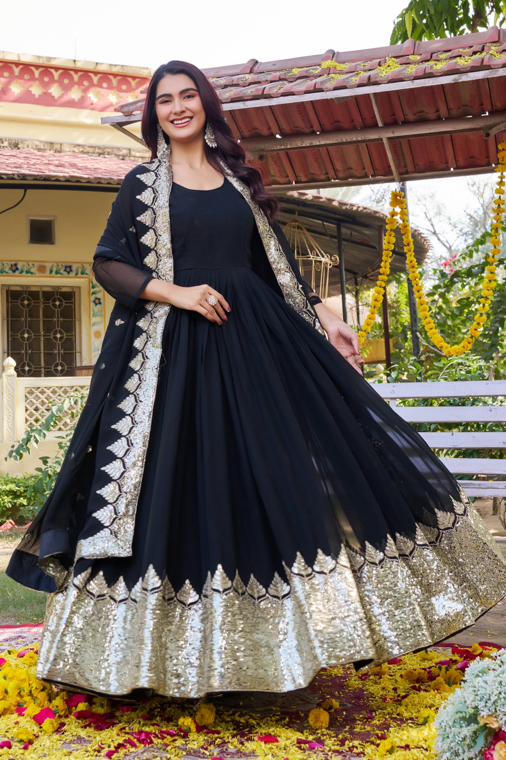 Jf 3301 Faux Georgette Embroidered Gown With Dupatta Collection