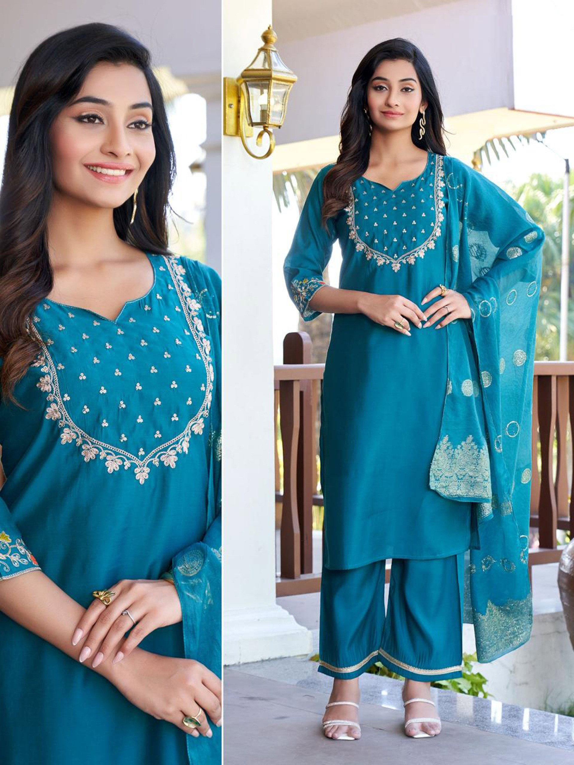 Naisha K 593 Roman Silk With Work Kurti Pant And Dupatta Collection