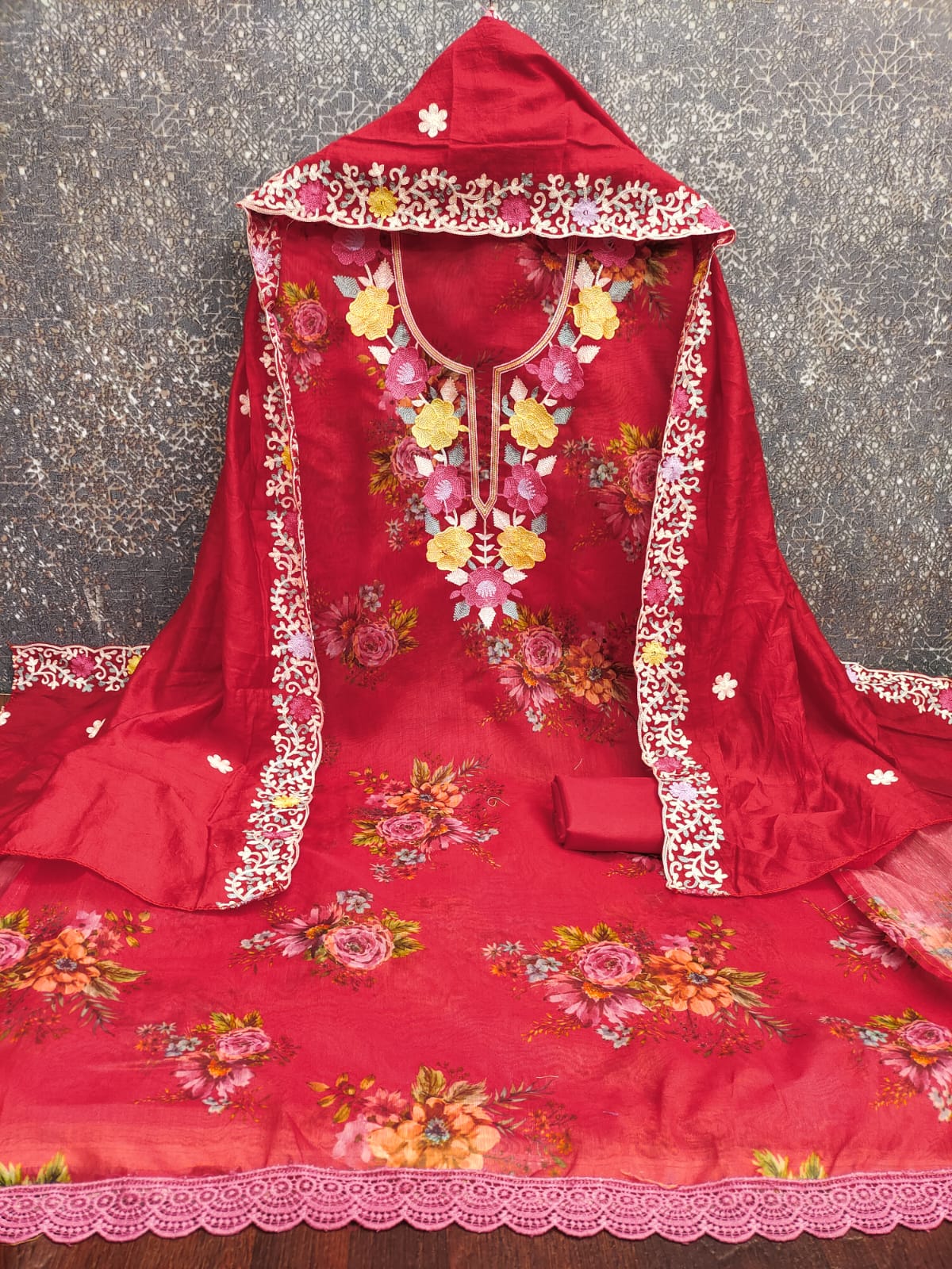 Designer janvi Simmer Silk Digital Print Multi Chain  Work Dress material Collection
