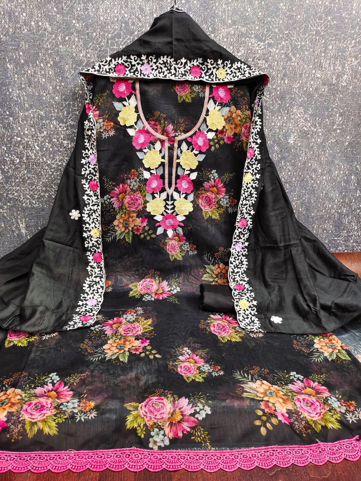 Designer janvi Simmer Silk Digital Print Multi Chain  Work Dress material Collection