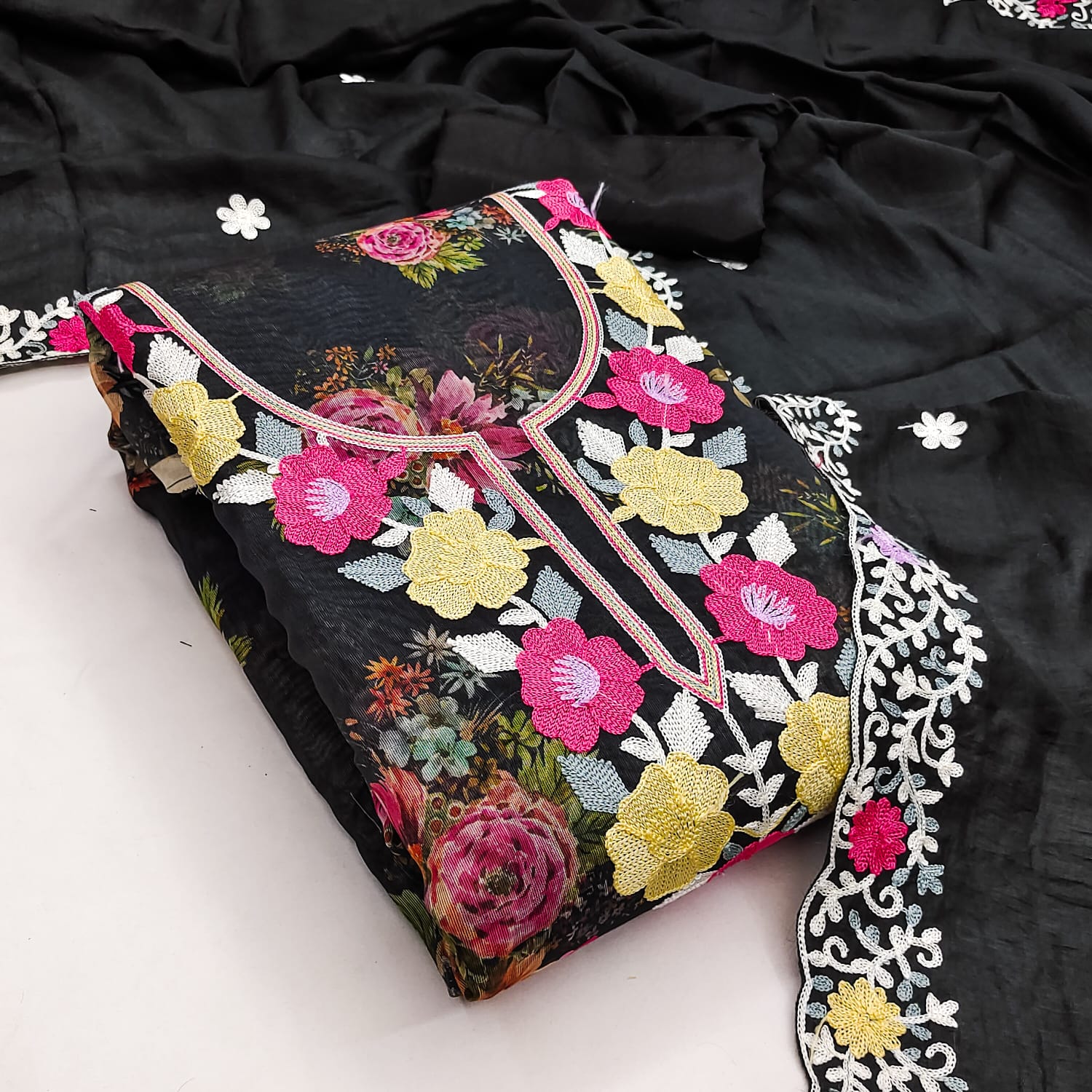 Designer janvi Simmer Silk Digital Print Multi Chain  Work Dress material Collection