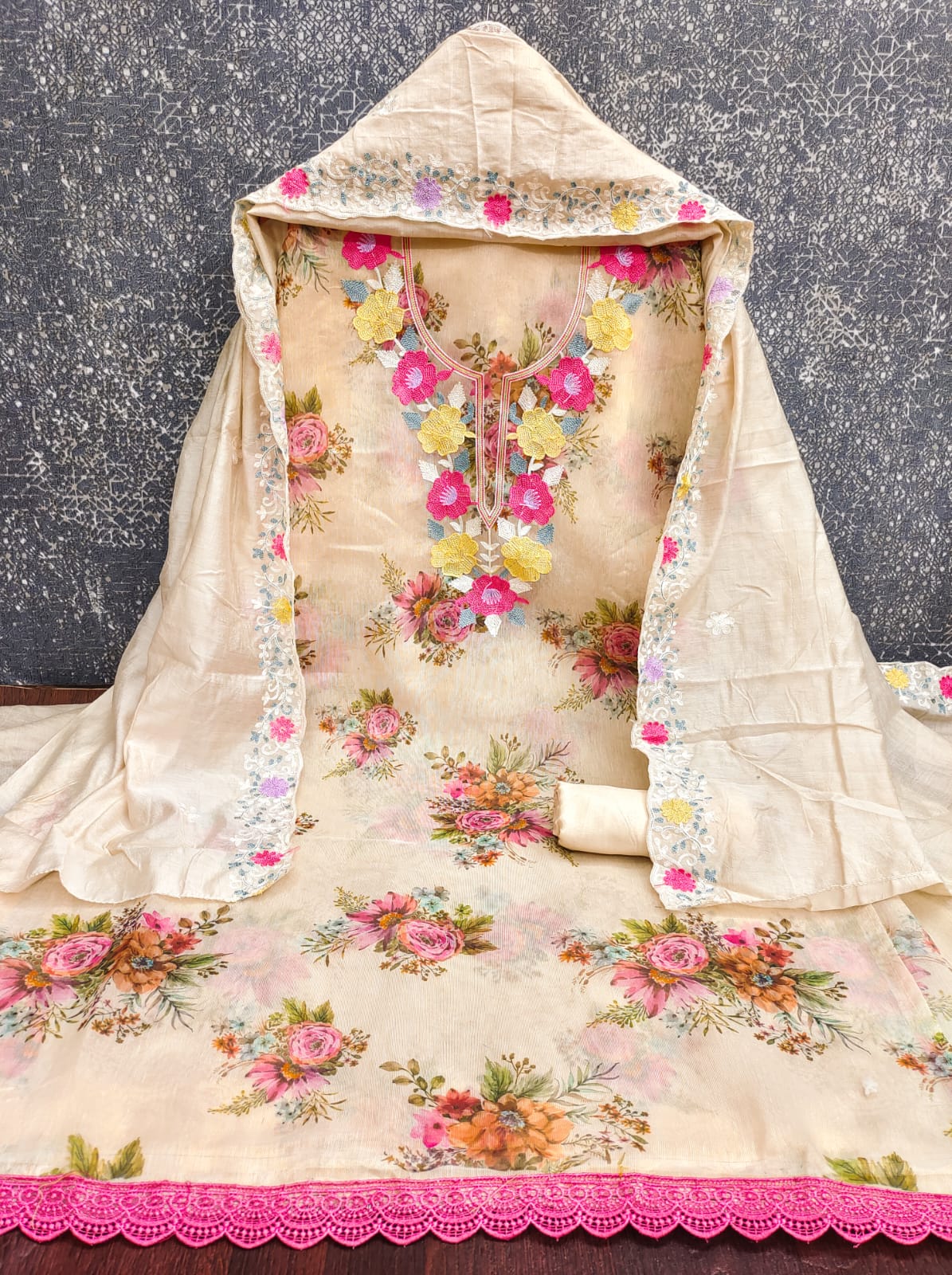 Designer janvi Simmer Silk Digital Print Multi Chain  Work Dress material Collection