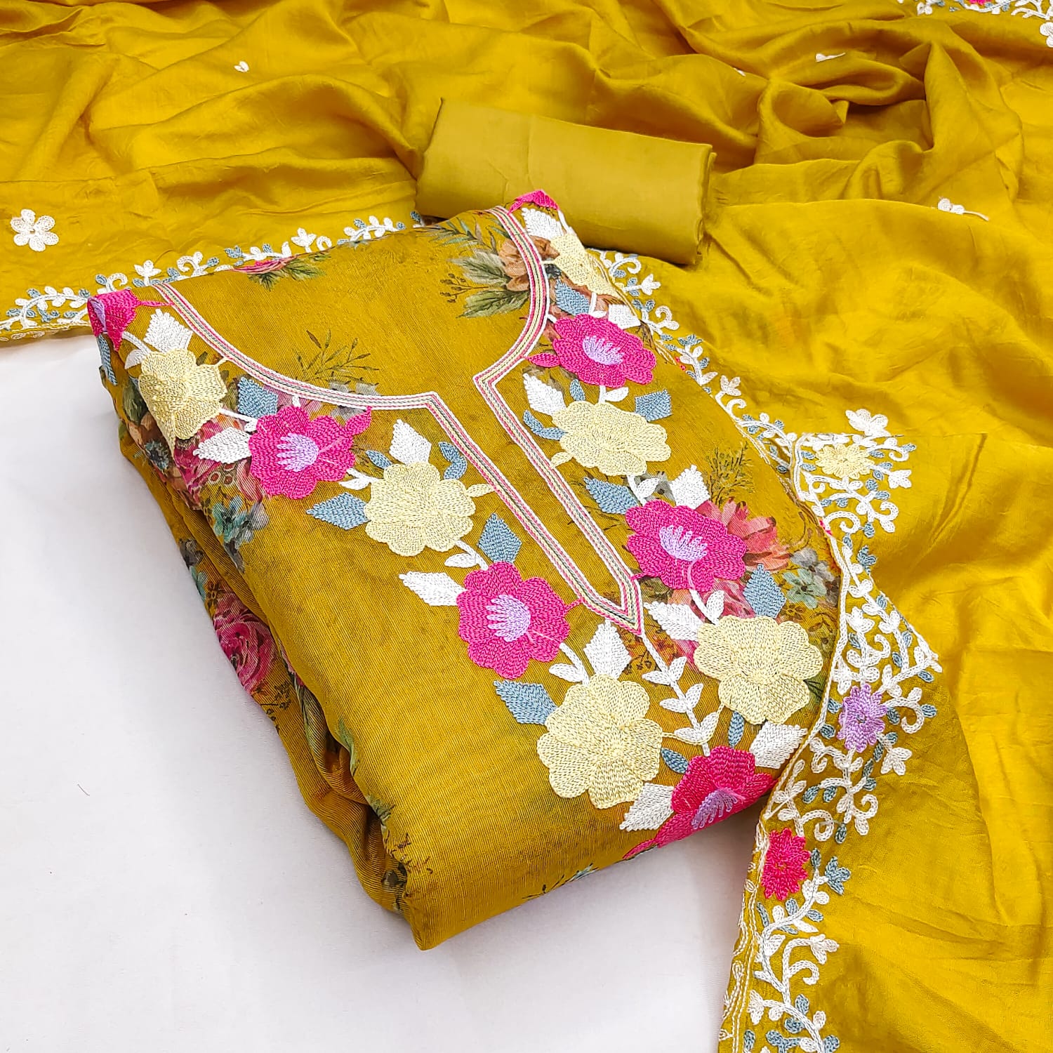 Designer janvi Simmer Silk Digital Print Multi Chain  Work Dress material Collection