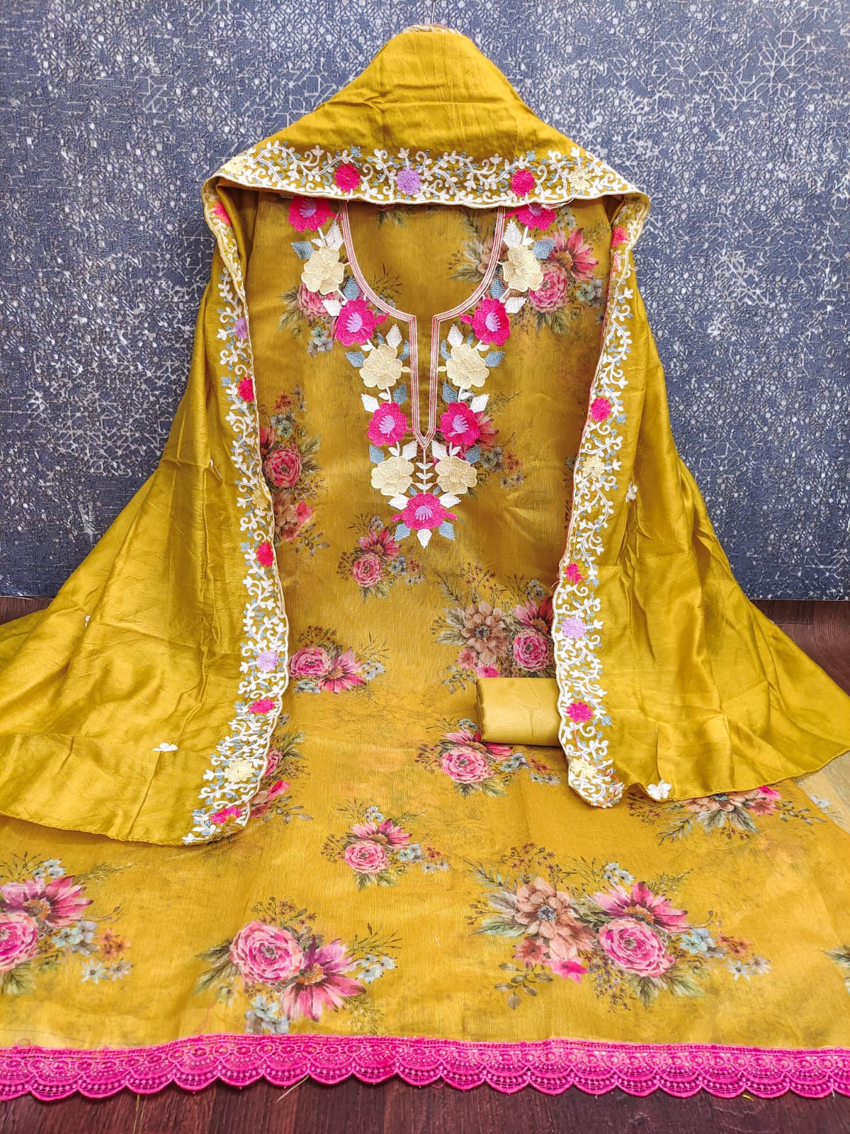 Designer janvi Simmer Silk Digital Print Multi Chain  Work Dress material Collection