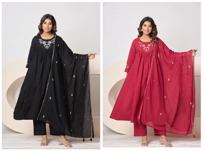 Naisha K 595 Cotton With Work Stylish Wear Top Bottom And Dupatta