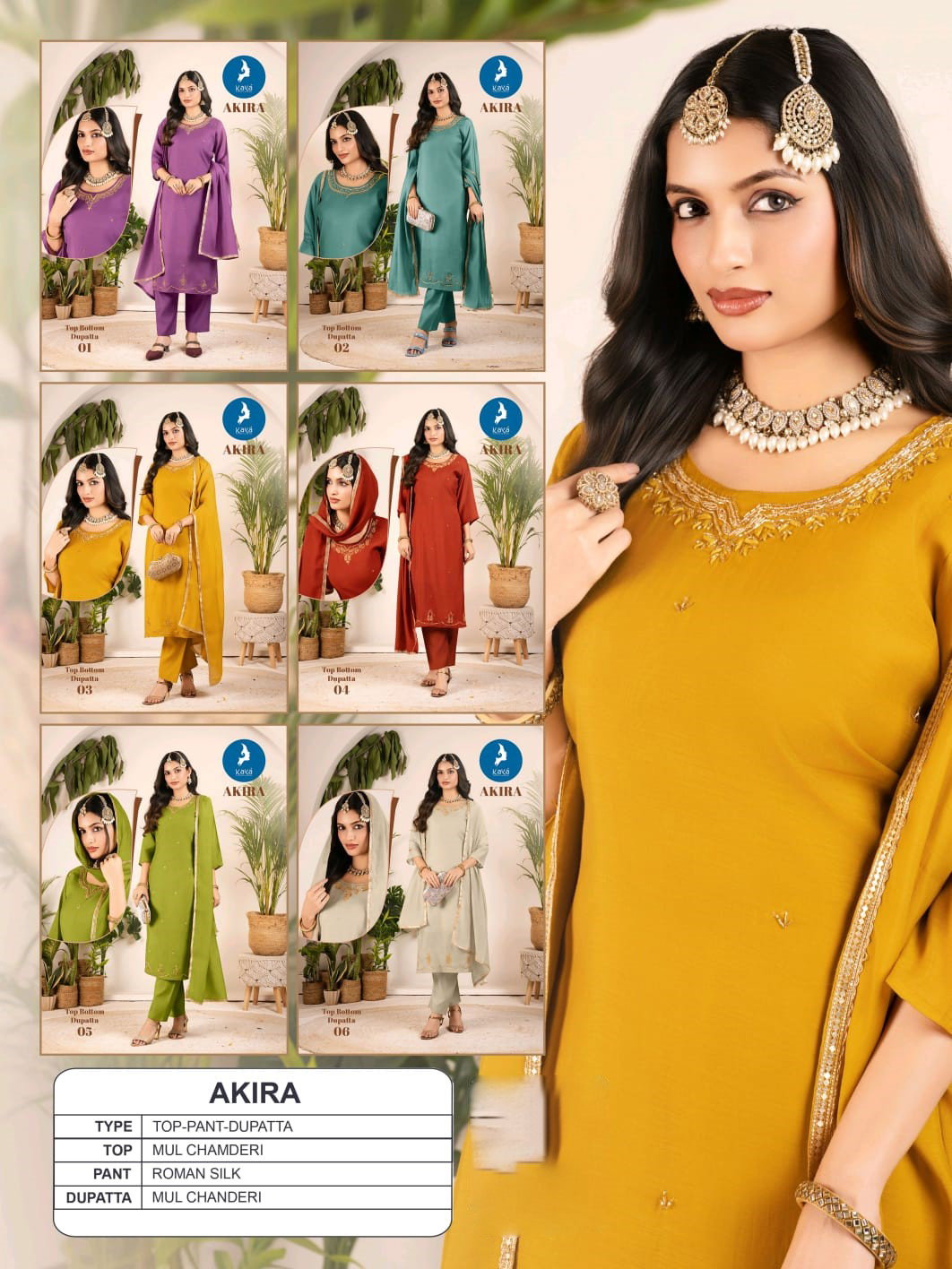Kaya Akira Mul Chanderi Fancy Wear Kurti Pant And Dupatta Collection