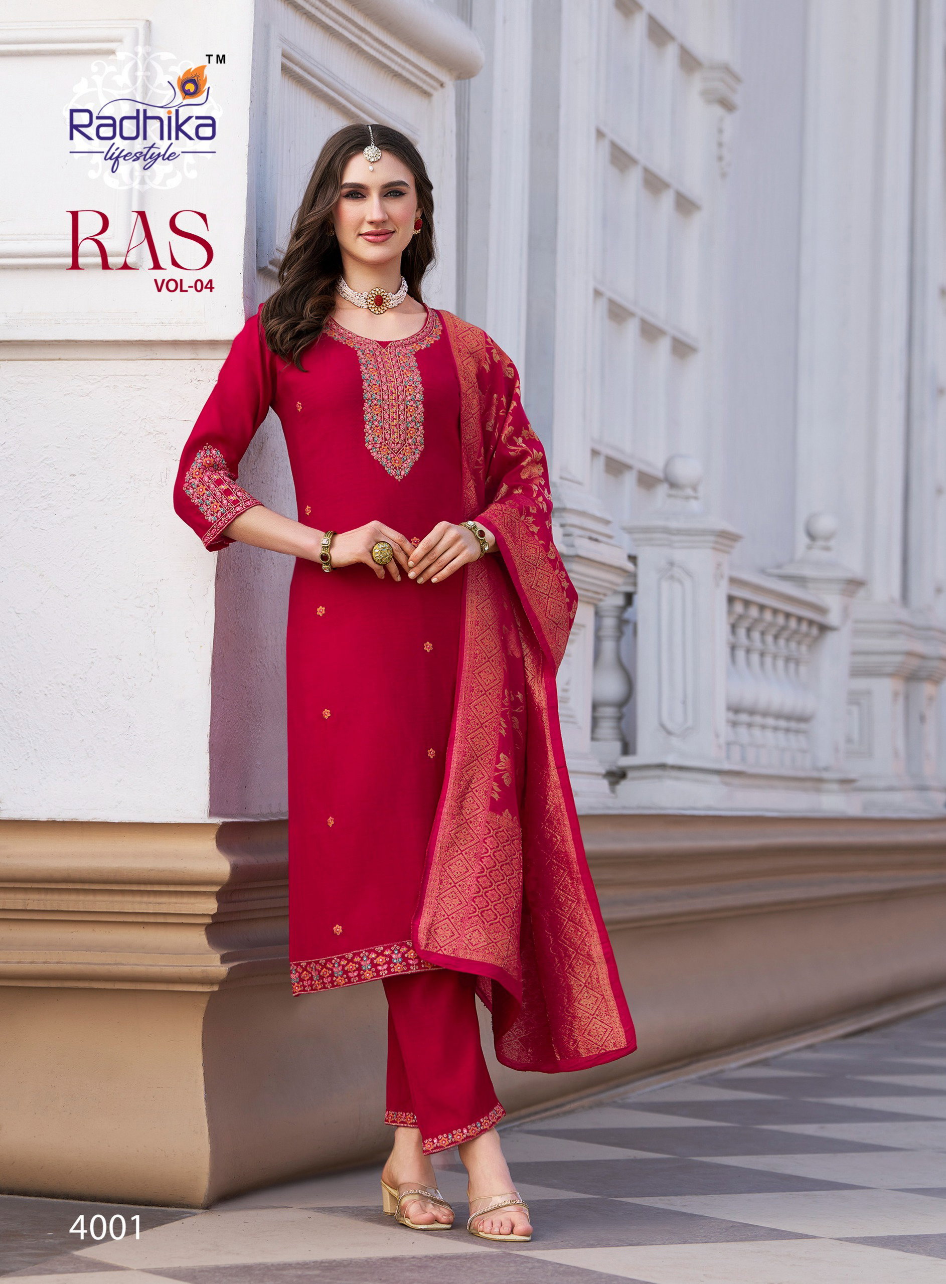 Radhika Ras Vol 4 Vertican Silk With Embroidery Work Kurti Pant And Dupatta