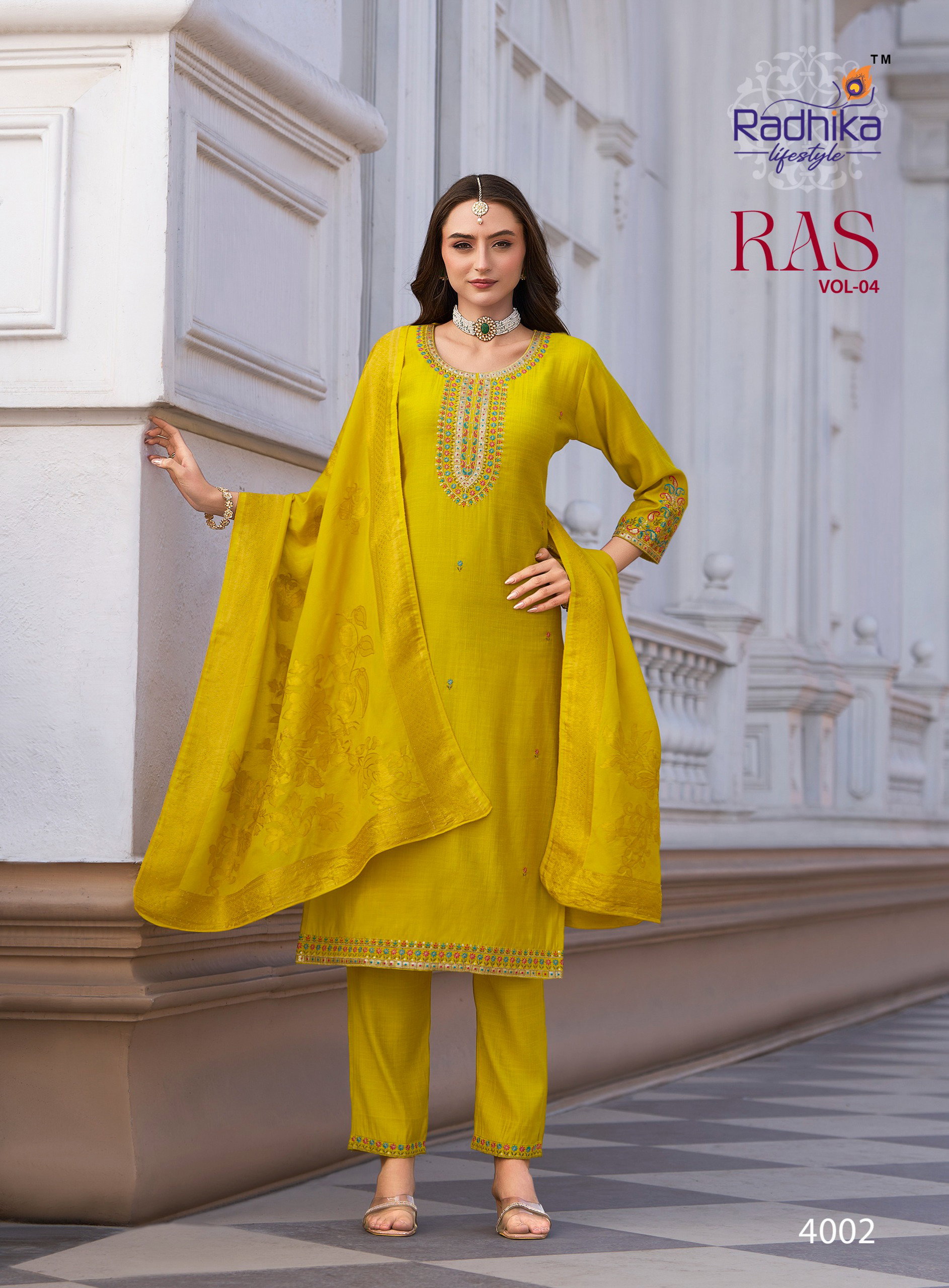 Radhika Ras Vol 4 Vertican Silk With Embroidery Work Kurti Pant And Dupatta